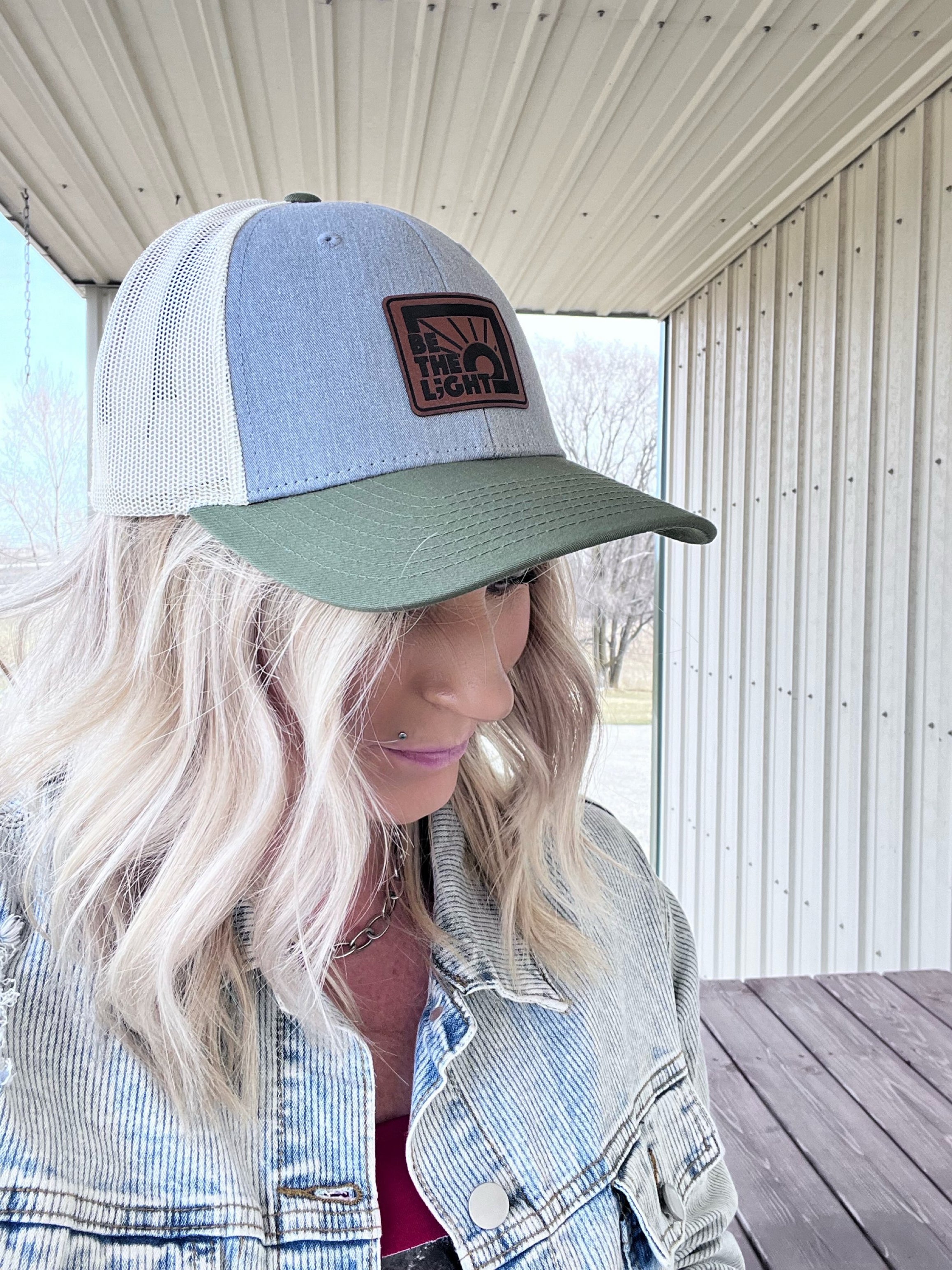 Be the L;ght Trucker Hat in Heather Grey/ Birch/ Army