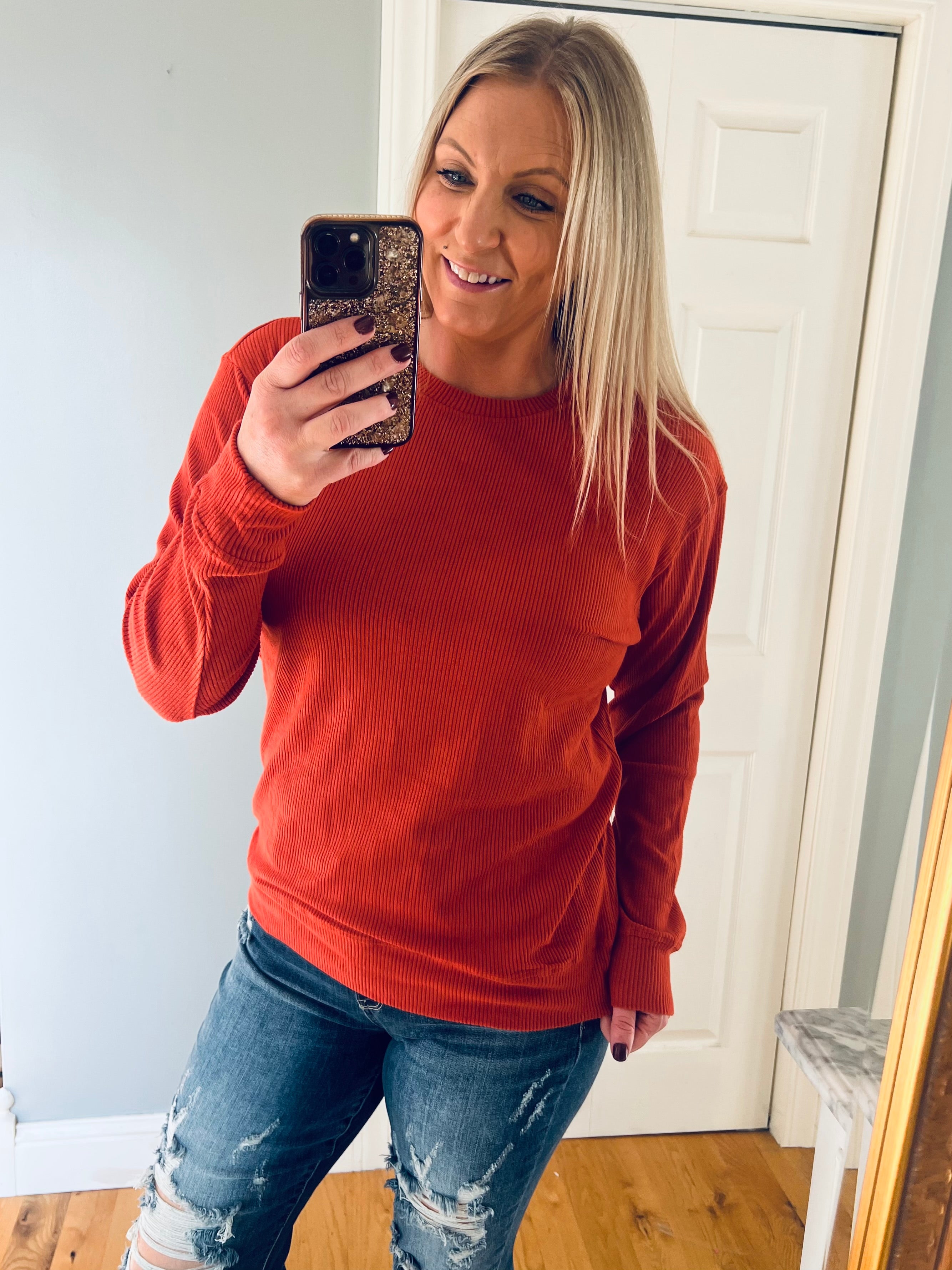 The Corrine Ribbed Pullover Top in Pumpkin