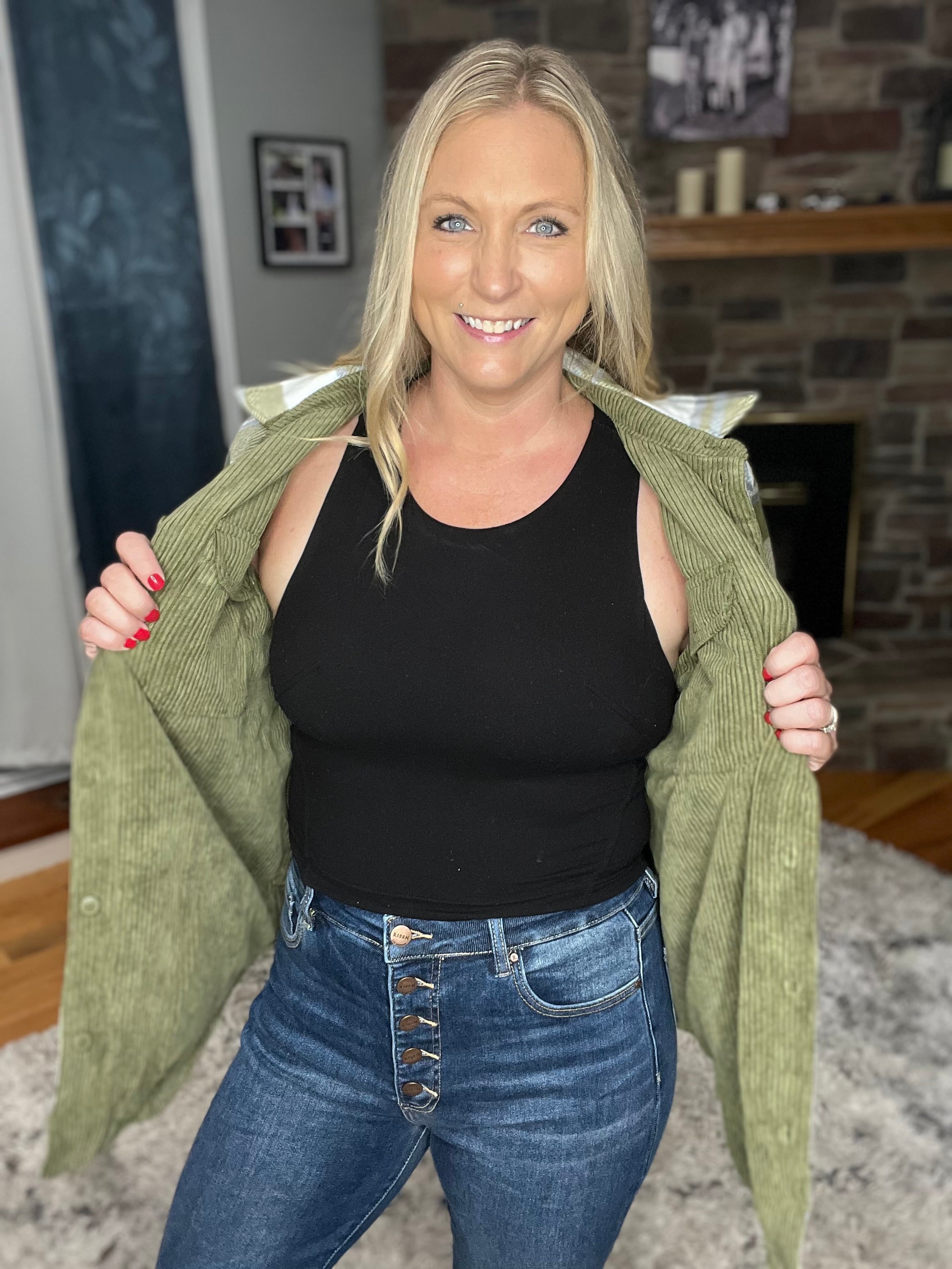 Corduroy & Plaid Flannel Shacket-Olive