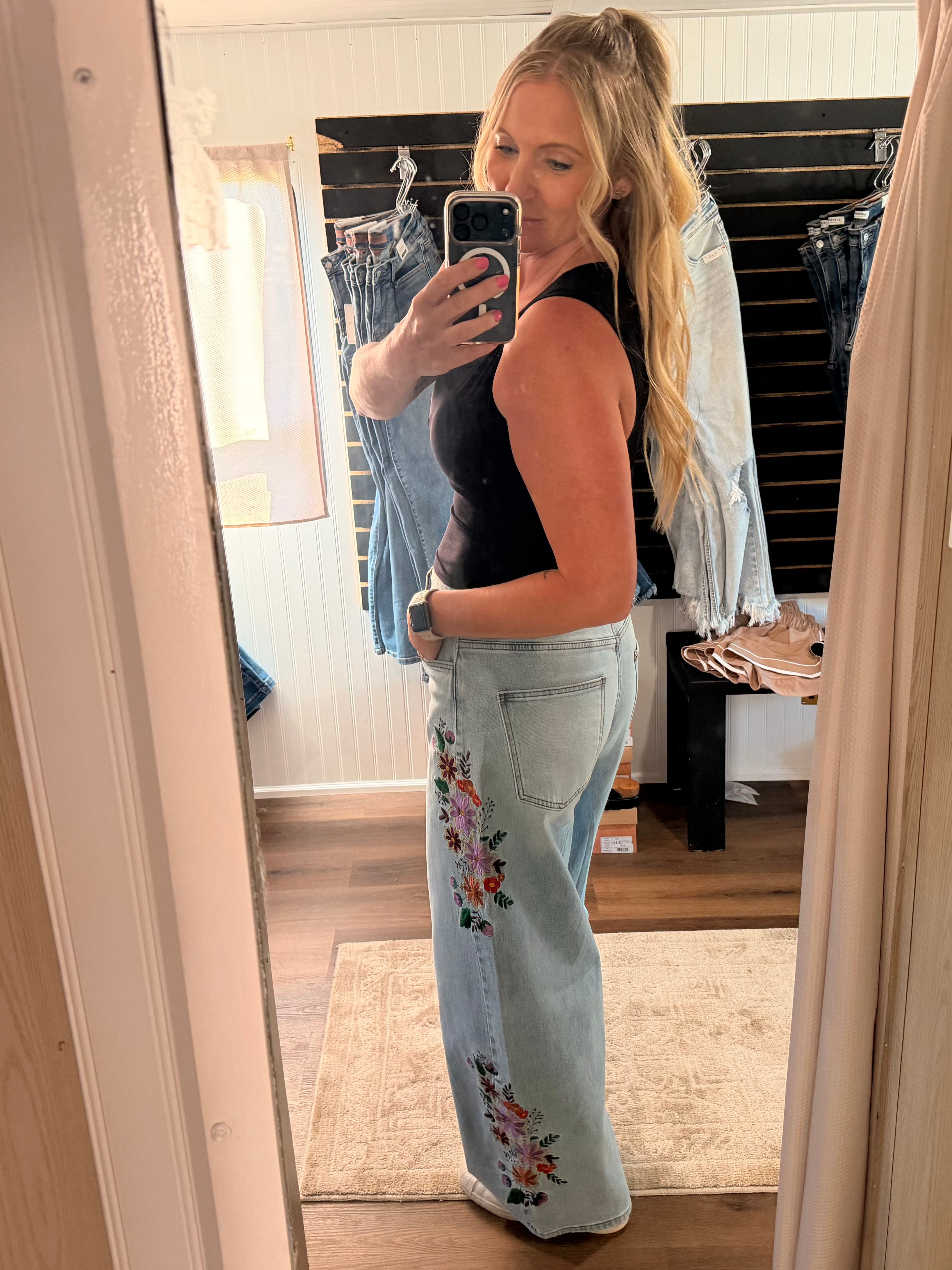 Evie Floral Embroidered Wide Leg Jeans