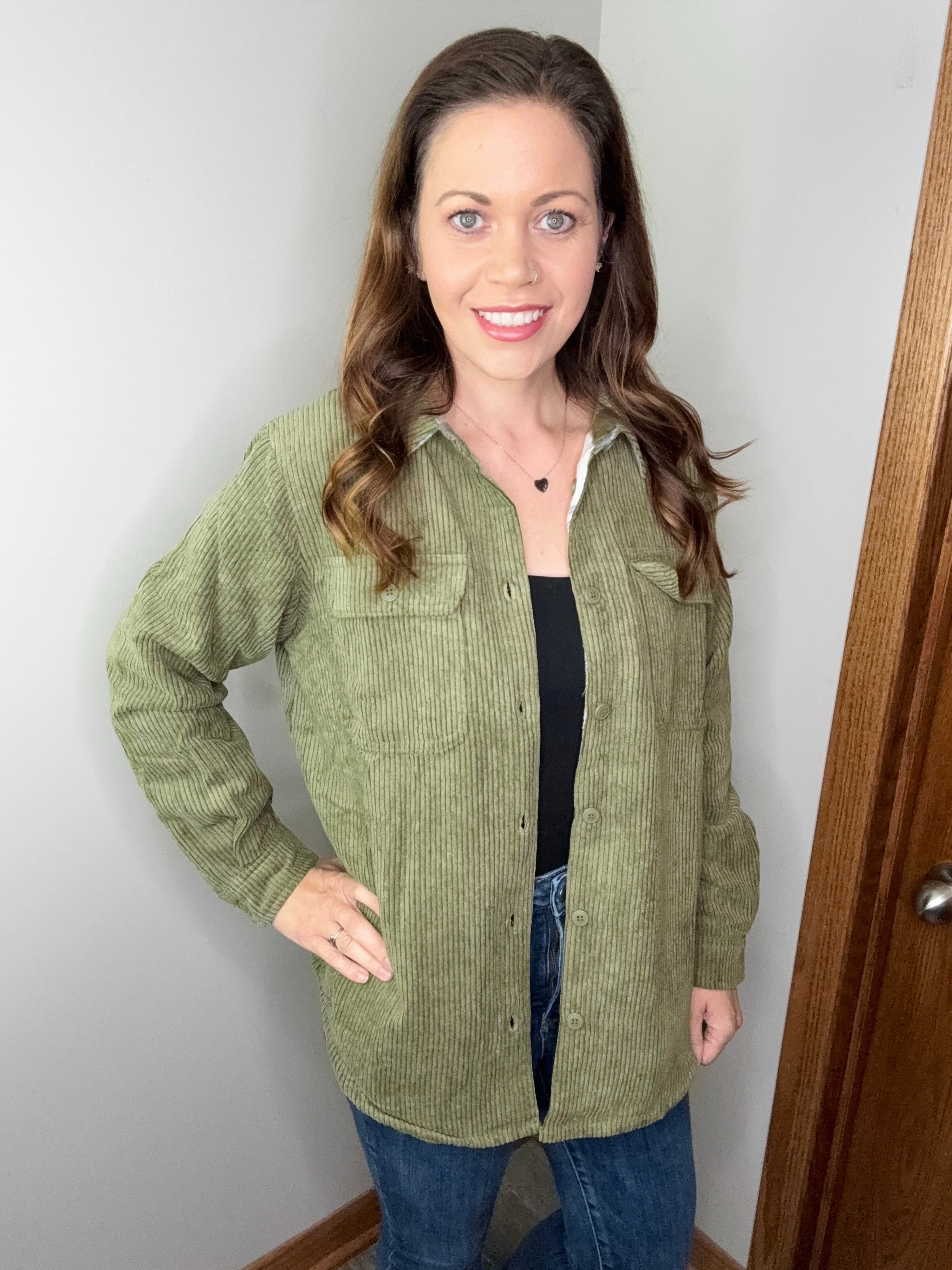 Corduroy & Plaid Flannel Shacket-Olive