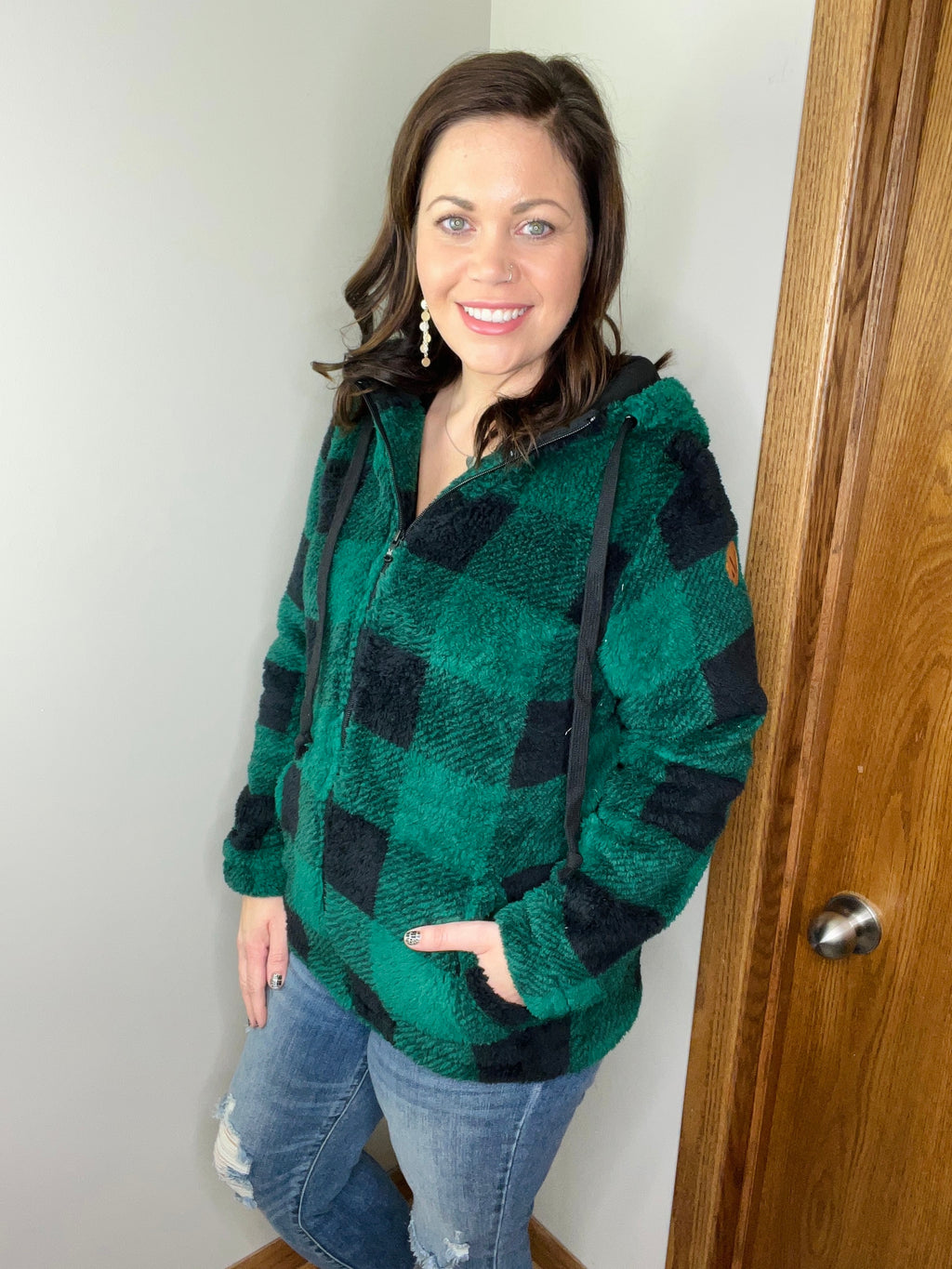 **Sherpa Full Zip Hoodie - Green Plaid FINAL SALE