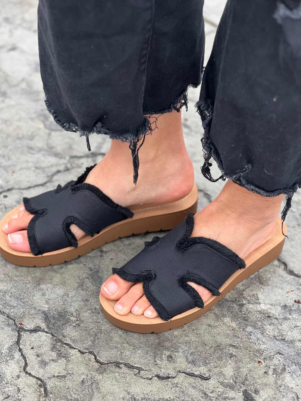 Corkys Hold Please Sandal in Frayed Black FINAL SALE