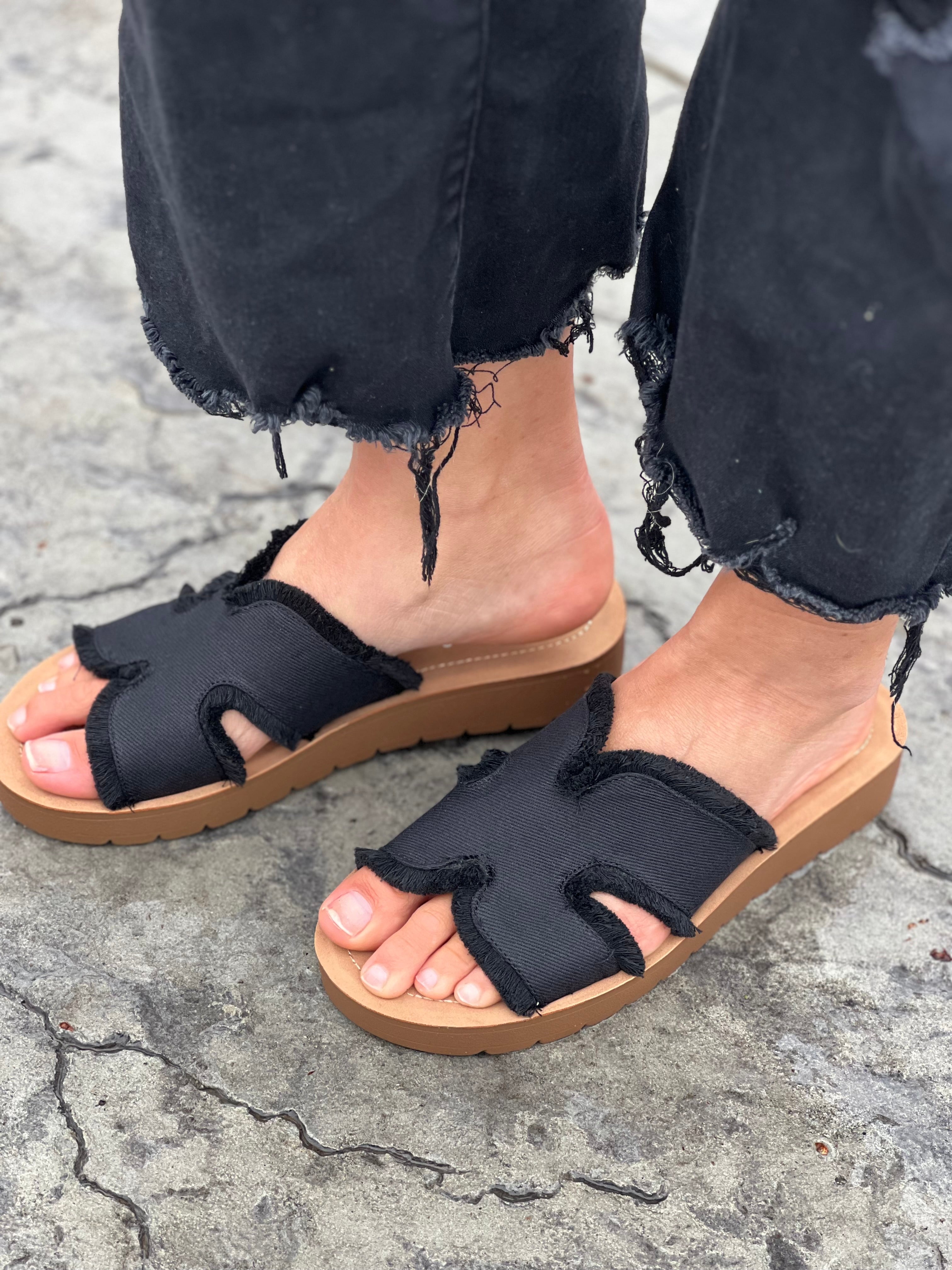 Corkys Hold Please Sandal in Frayed Black FINAL SALE