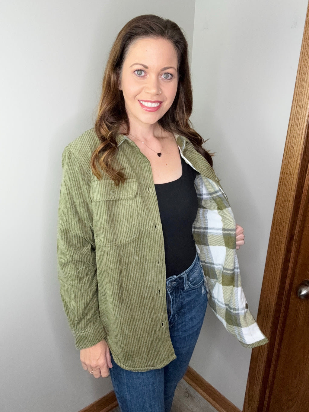 Corduroy & Plaid Flannel Shacket-Olive
