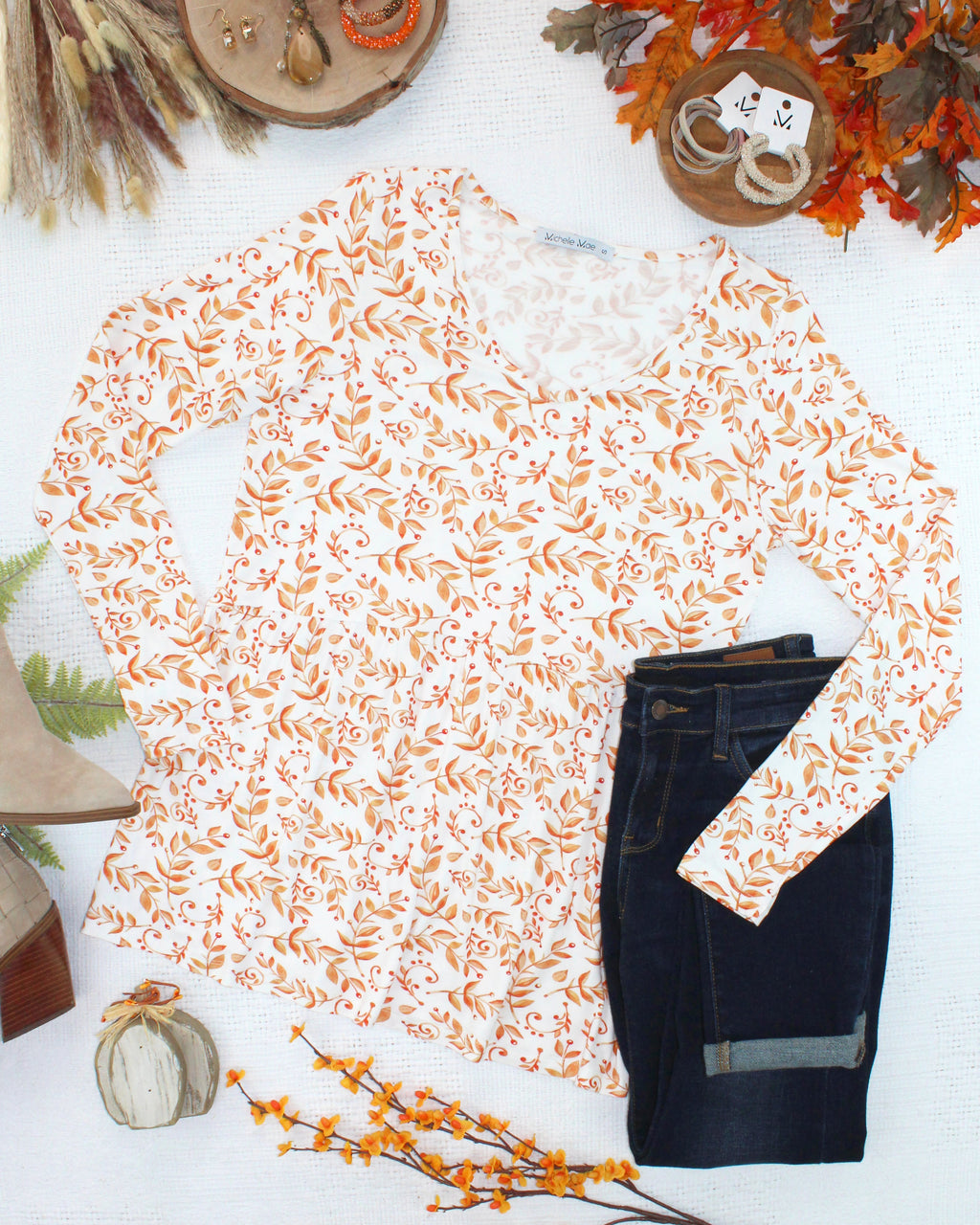 Long Sleeve Sarah Ruffle Top - Autumn Vines