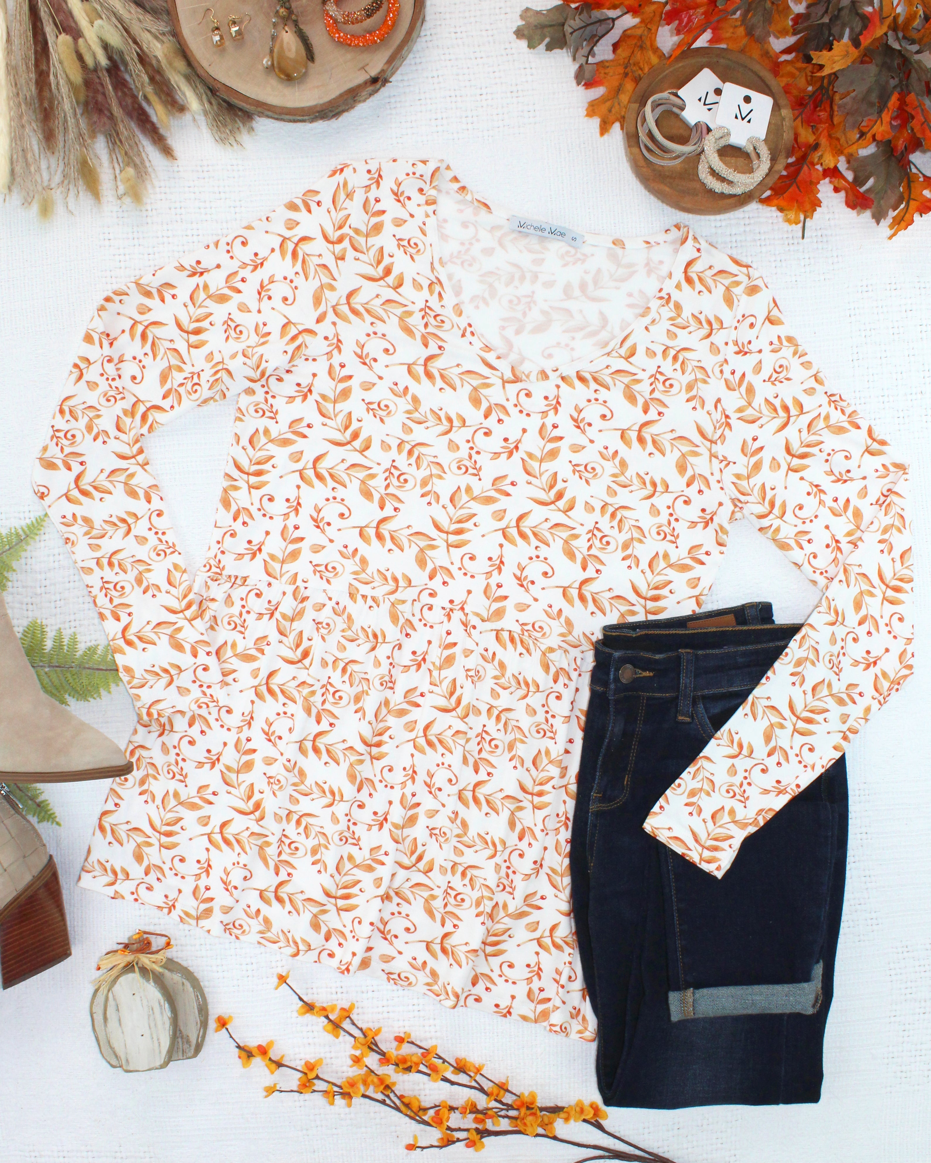 Long Sleeve Sarah Ruffle Top - Autumn Vines