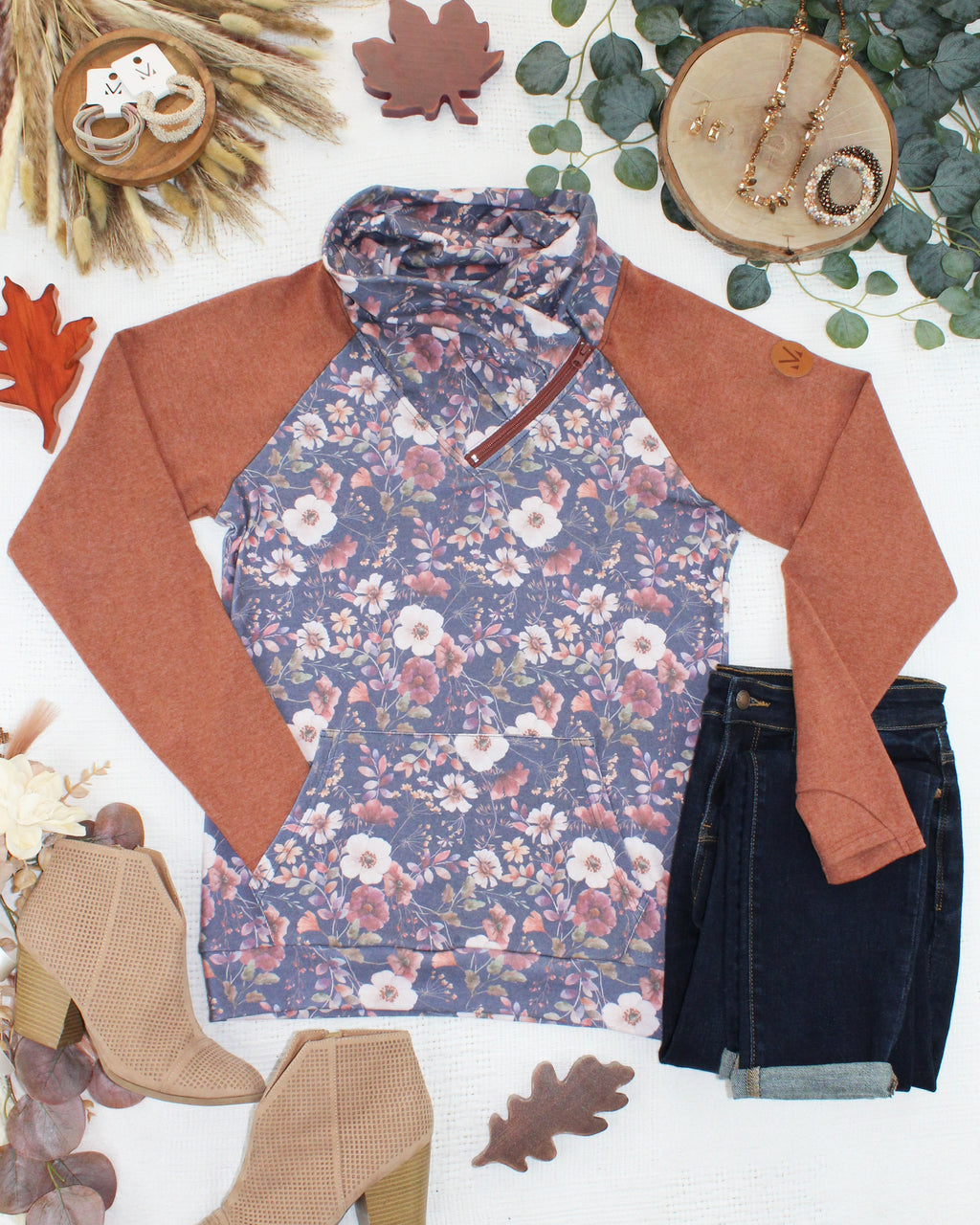 Classic Zoey ZipCowl Sweatshirt - Blushwood Floral and Terra Cotta