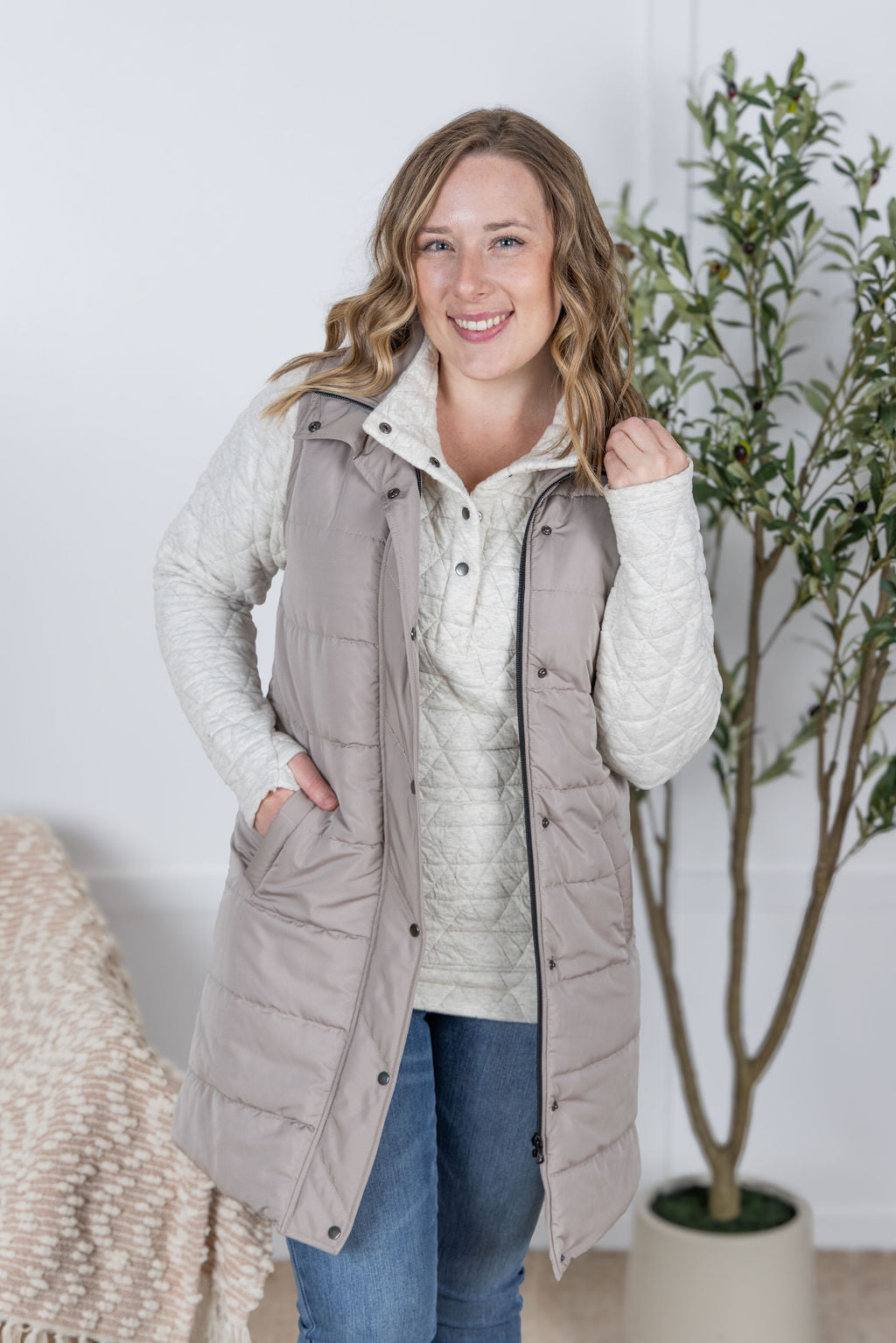 In Stock Harlow Long Vest in Latte