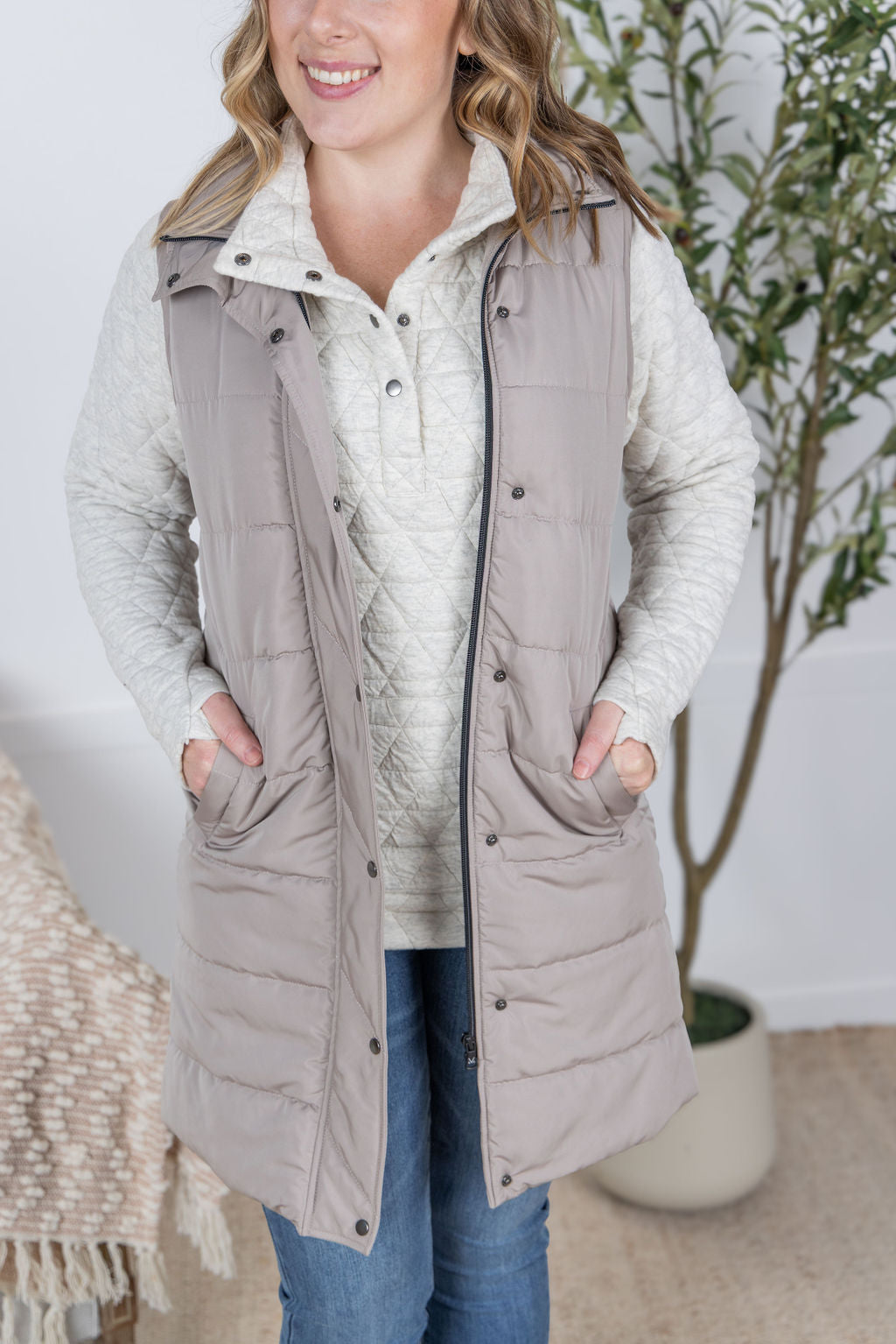In Stock Harlow Long Vest in Latte