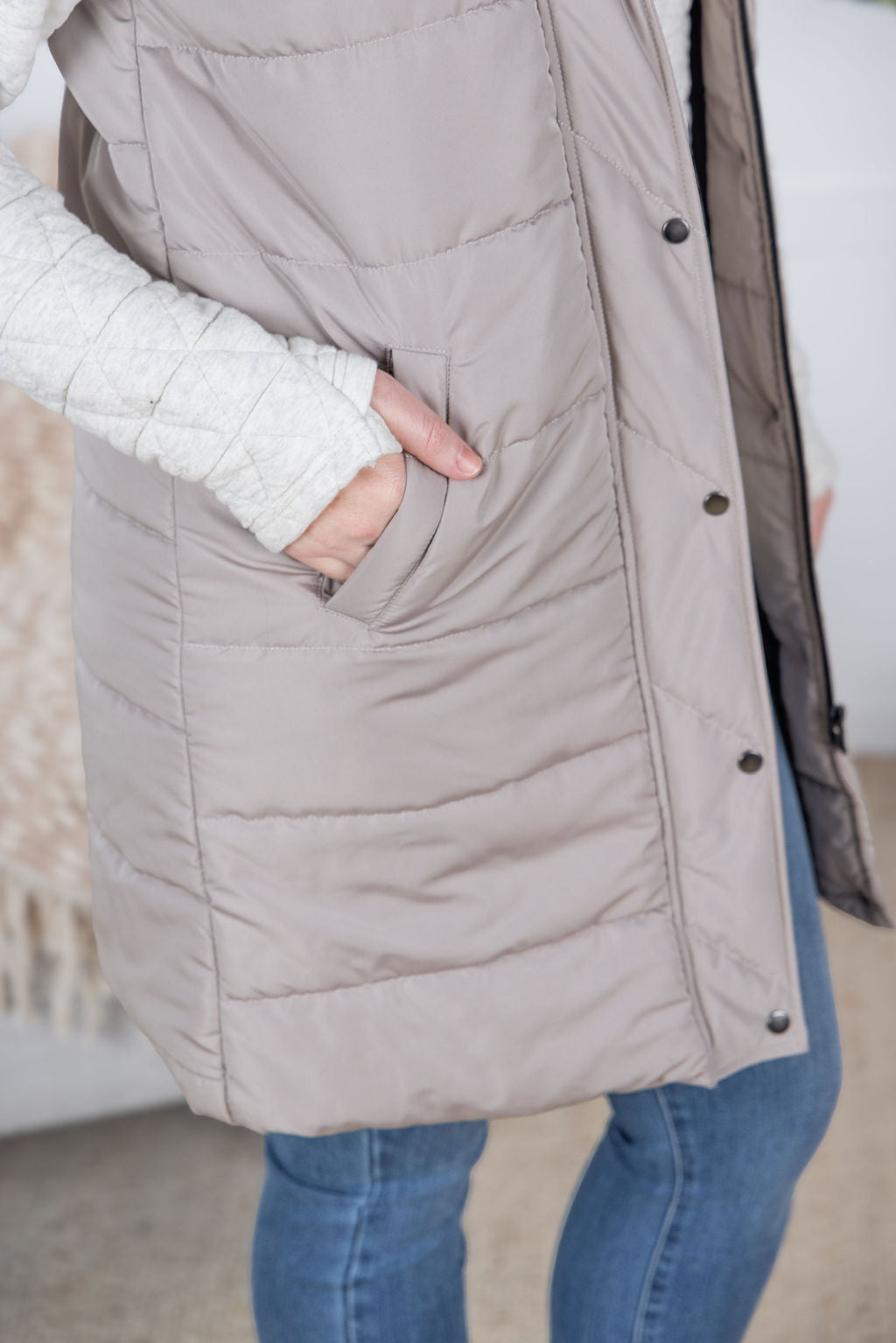 In Stock Harlow Long Vest in Latte