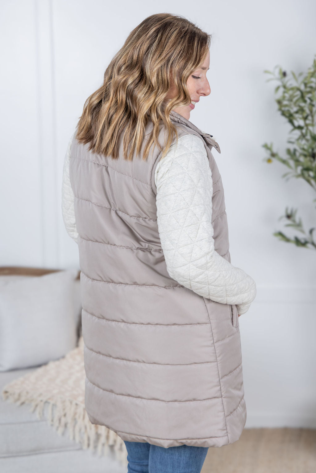 In Stock Harlow Long Vest in Latte