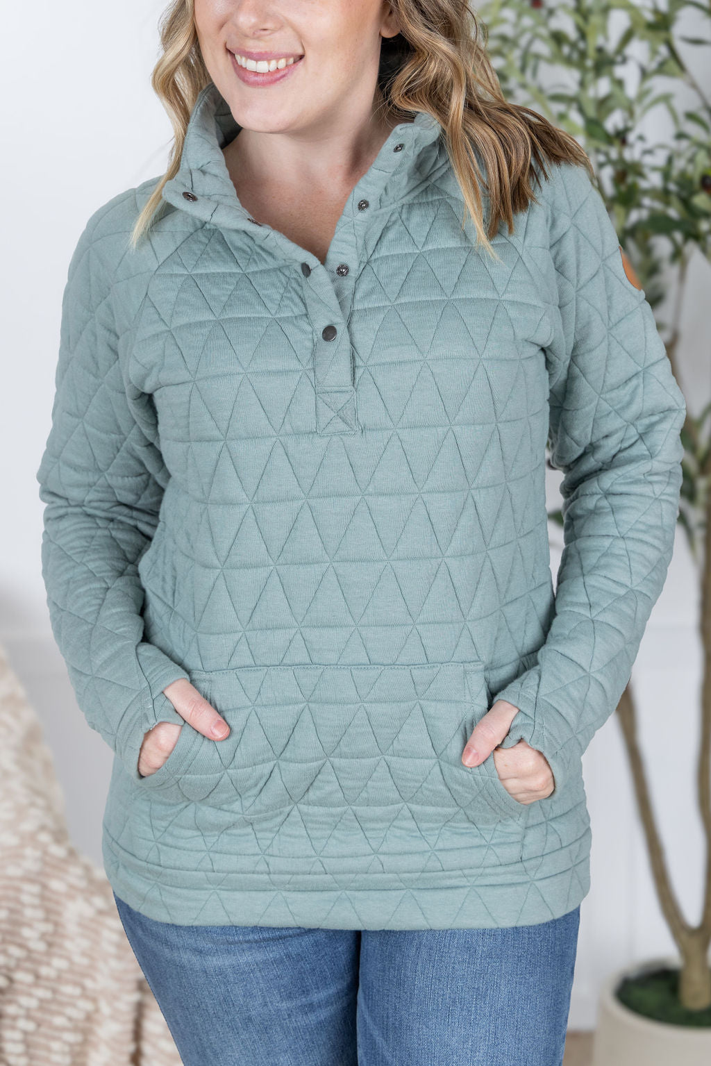 The Geometric Button Snap Pullover in Sage