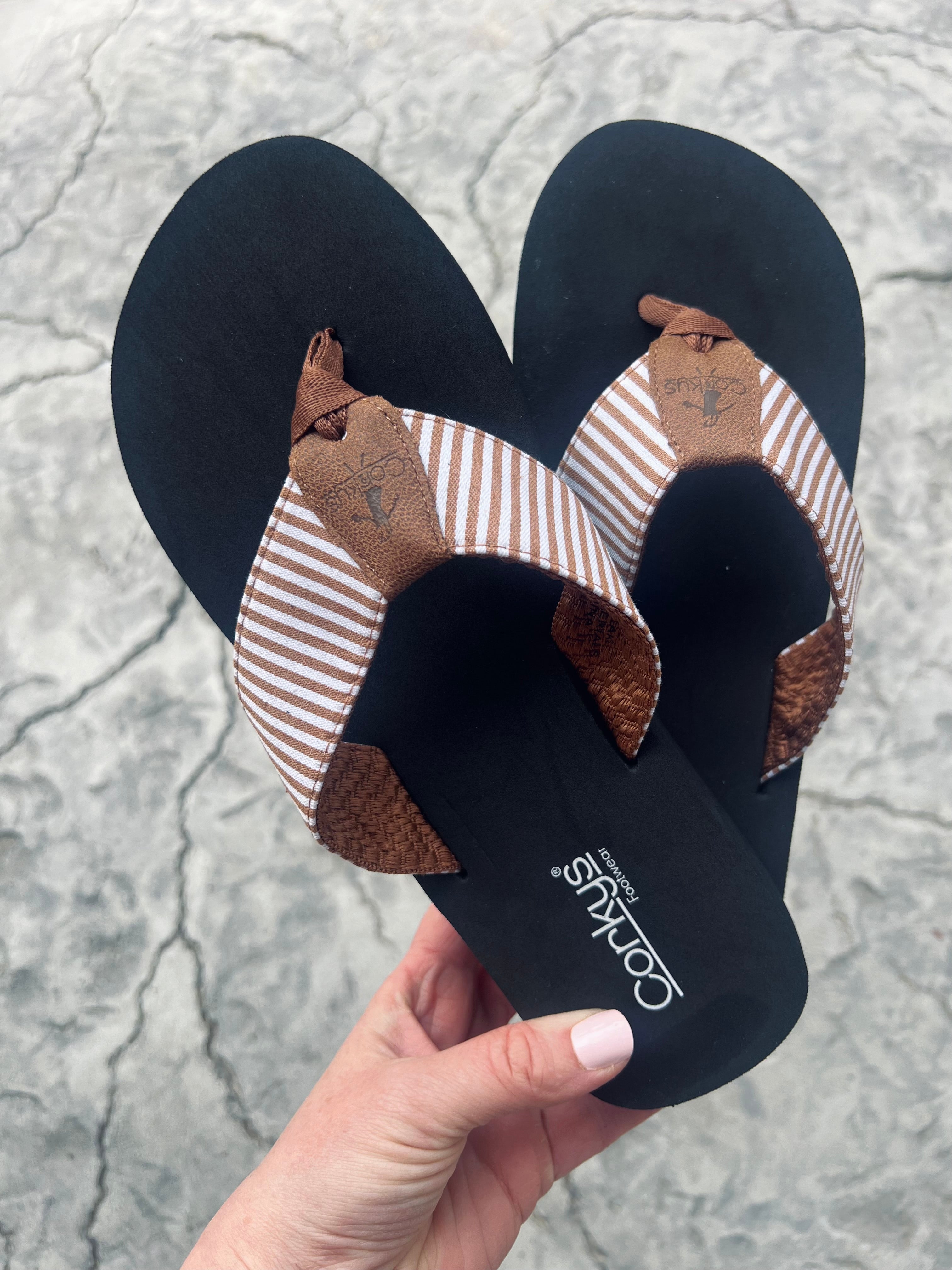 Corkys Summer Break Flip Flop in Tan Stripe FINAL SALE