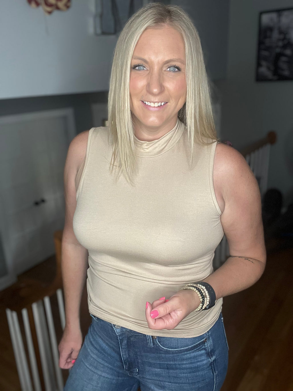 Scarlet Mock Mock Neck Tank In Beige FINAL SALE