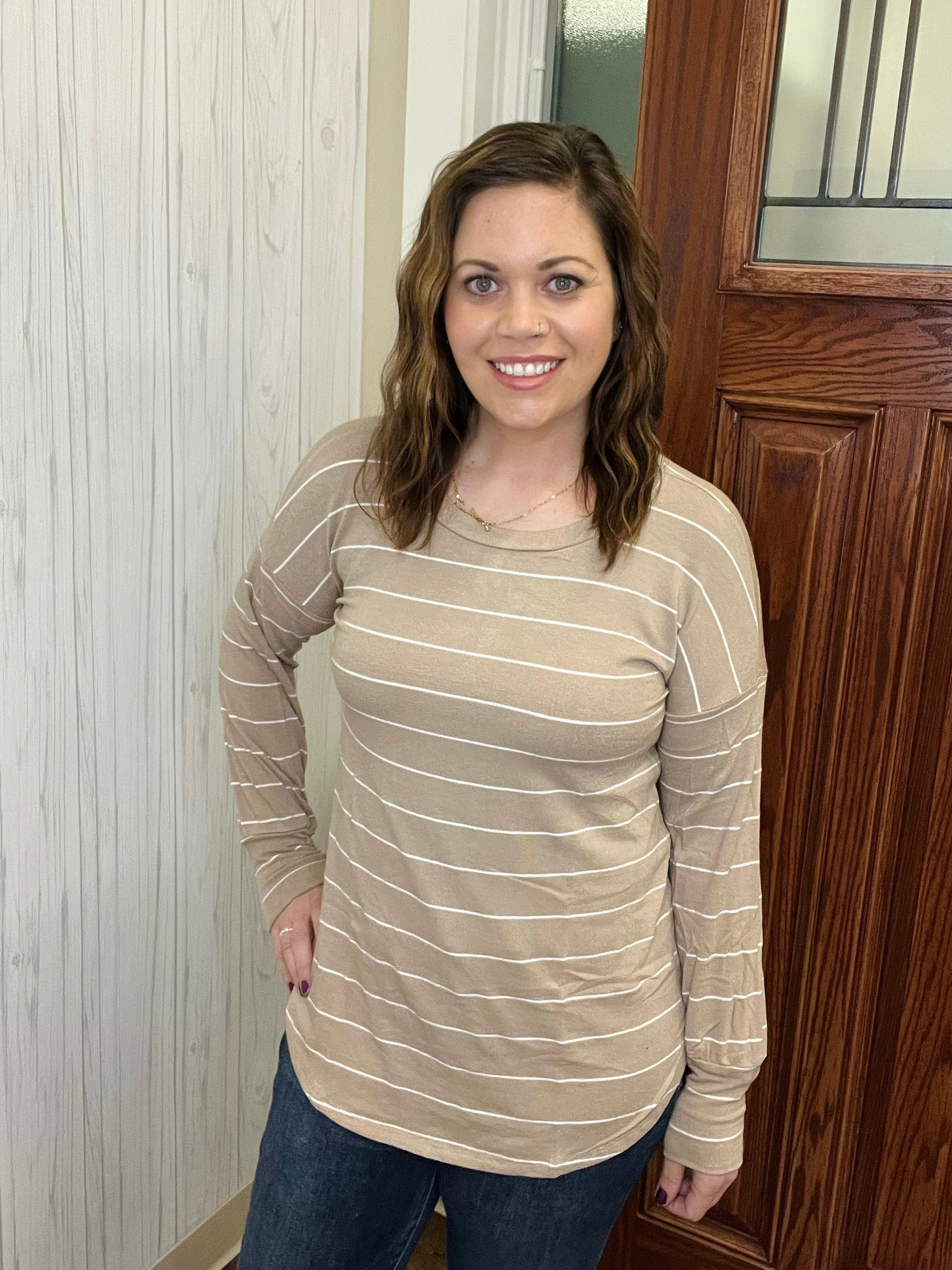 Sarah Striped Top In Taupe