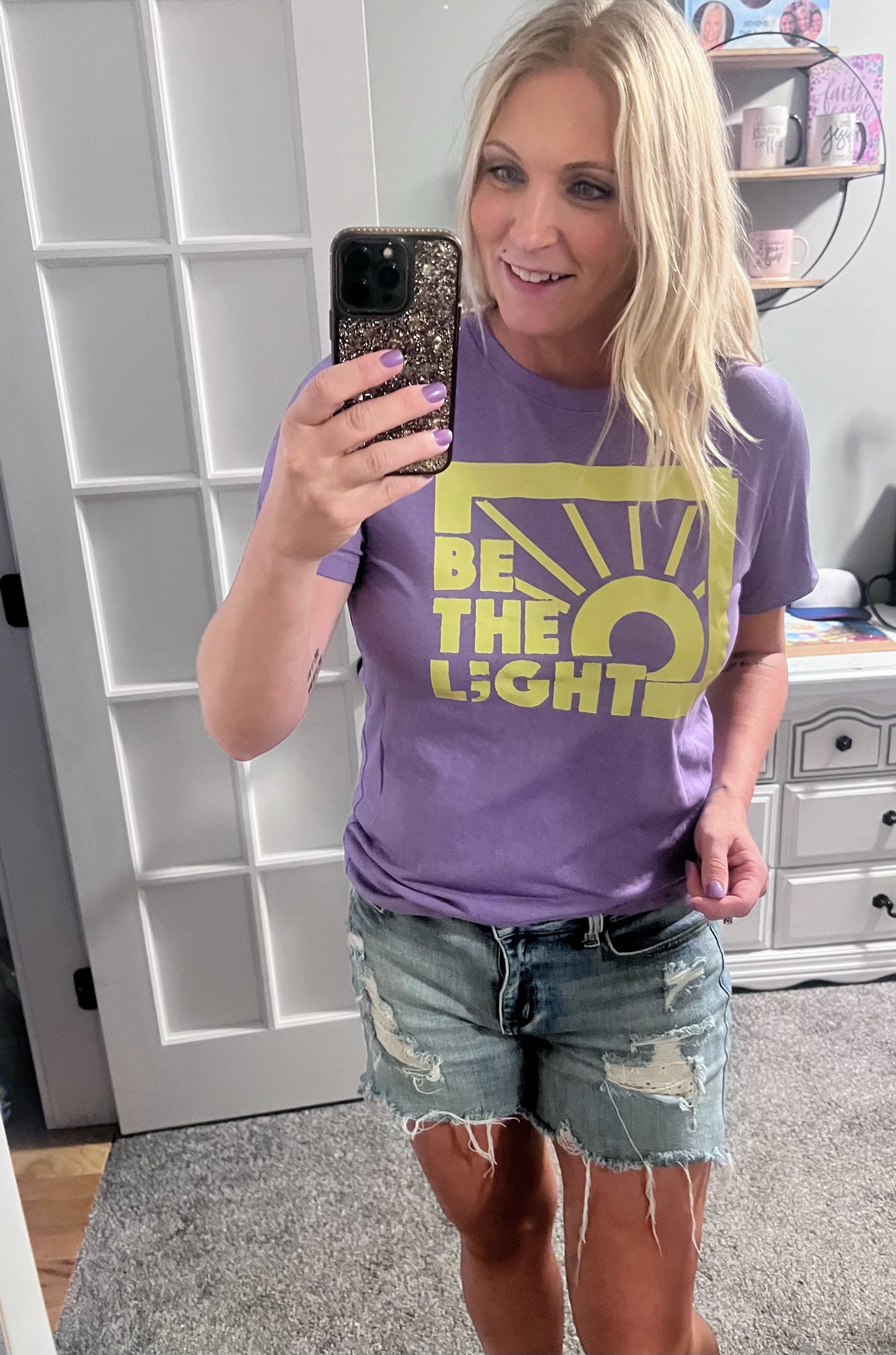 Be The L;ght Tee in Purple with Yellow Ink