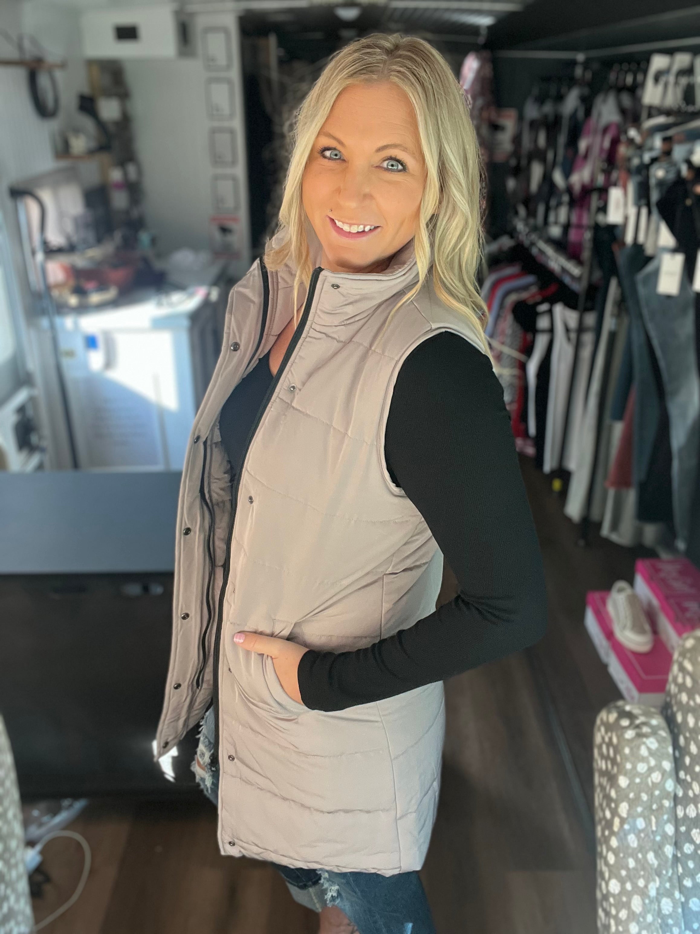 In Stock Harlow Long Vest in Latte