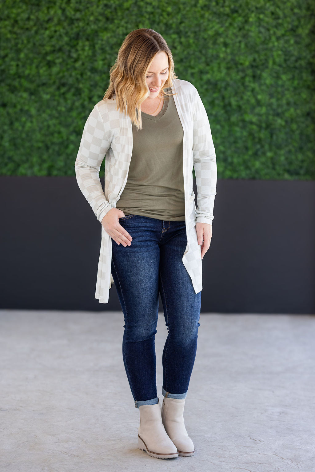 The Classic Cardigan in Neutral Checkers
