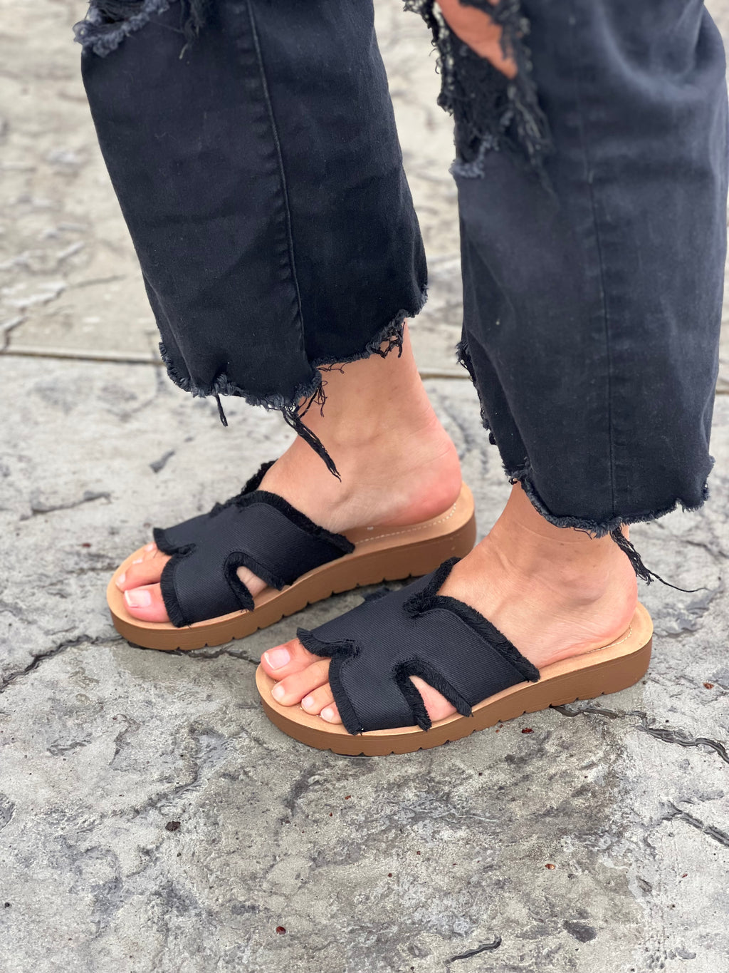 Corkys Hold Please Sandal in Frayed Black FINAL SALE