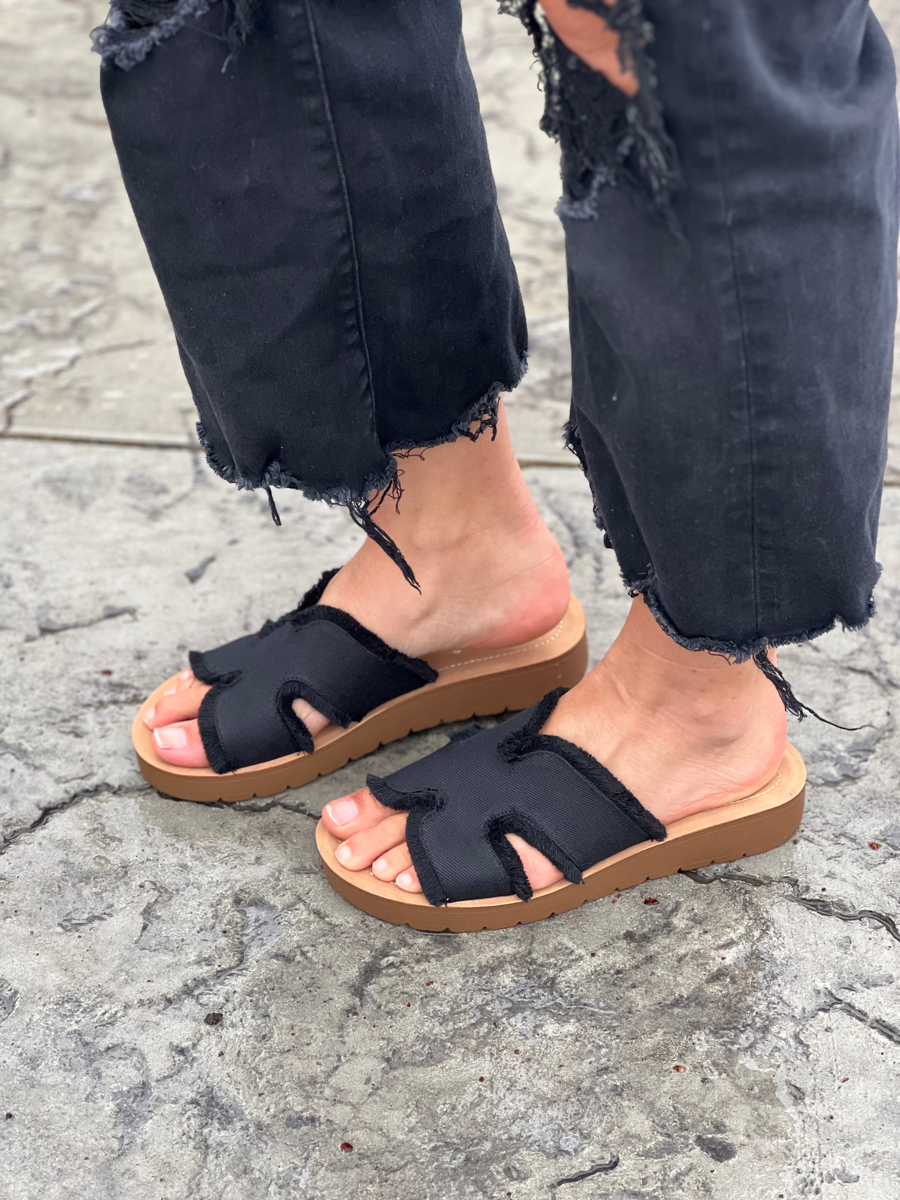 Corkys Hold Please Sandal in Frayed Black FINAL SALE