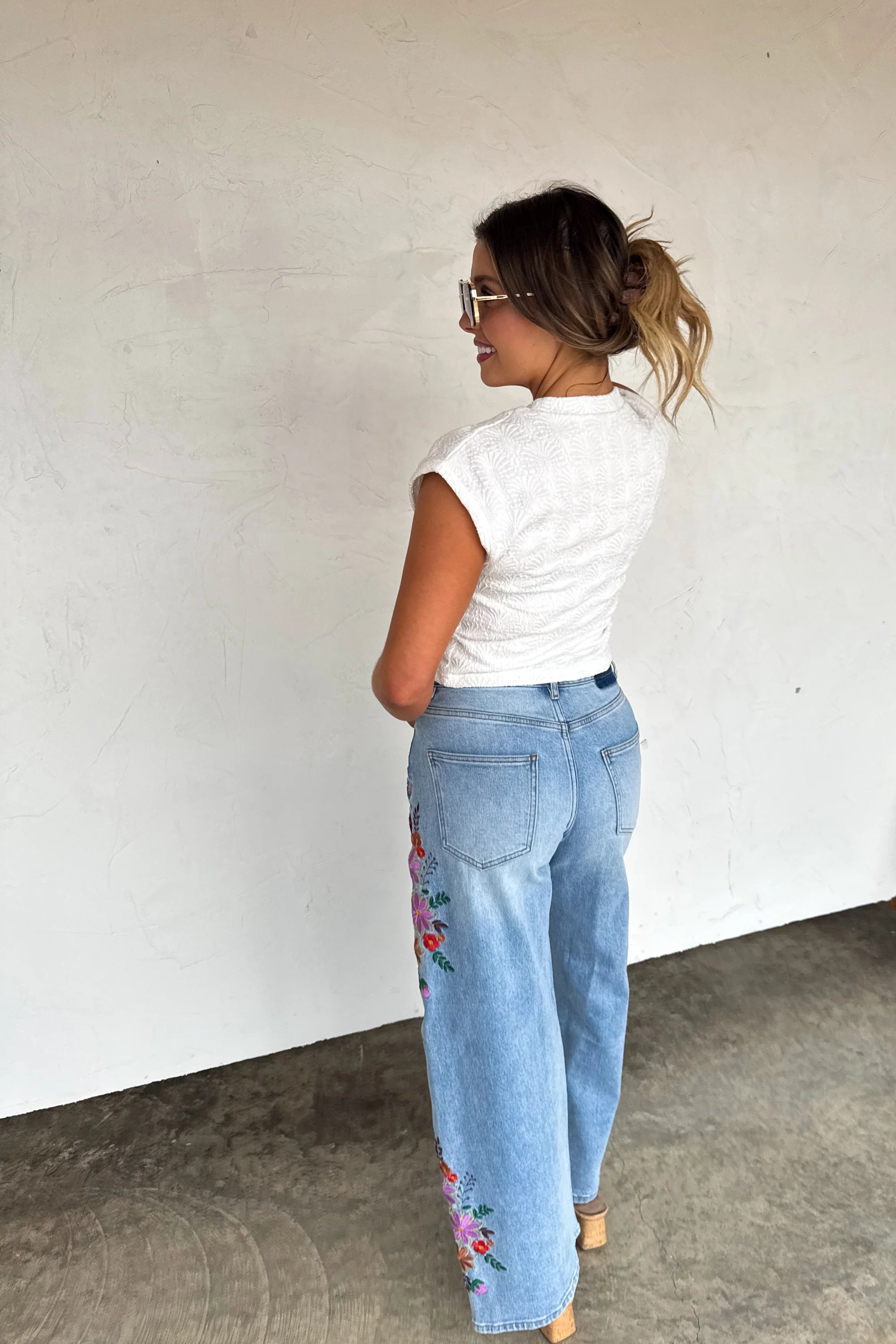 Evie Floral Embroidered Wide Leg Jeans