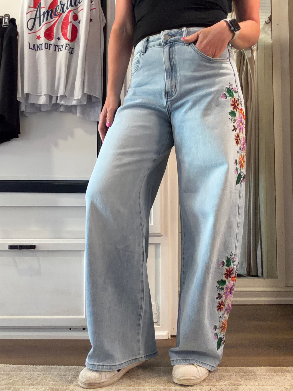 Evie Floral Embroidered Wide Leg Jeans