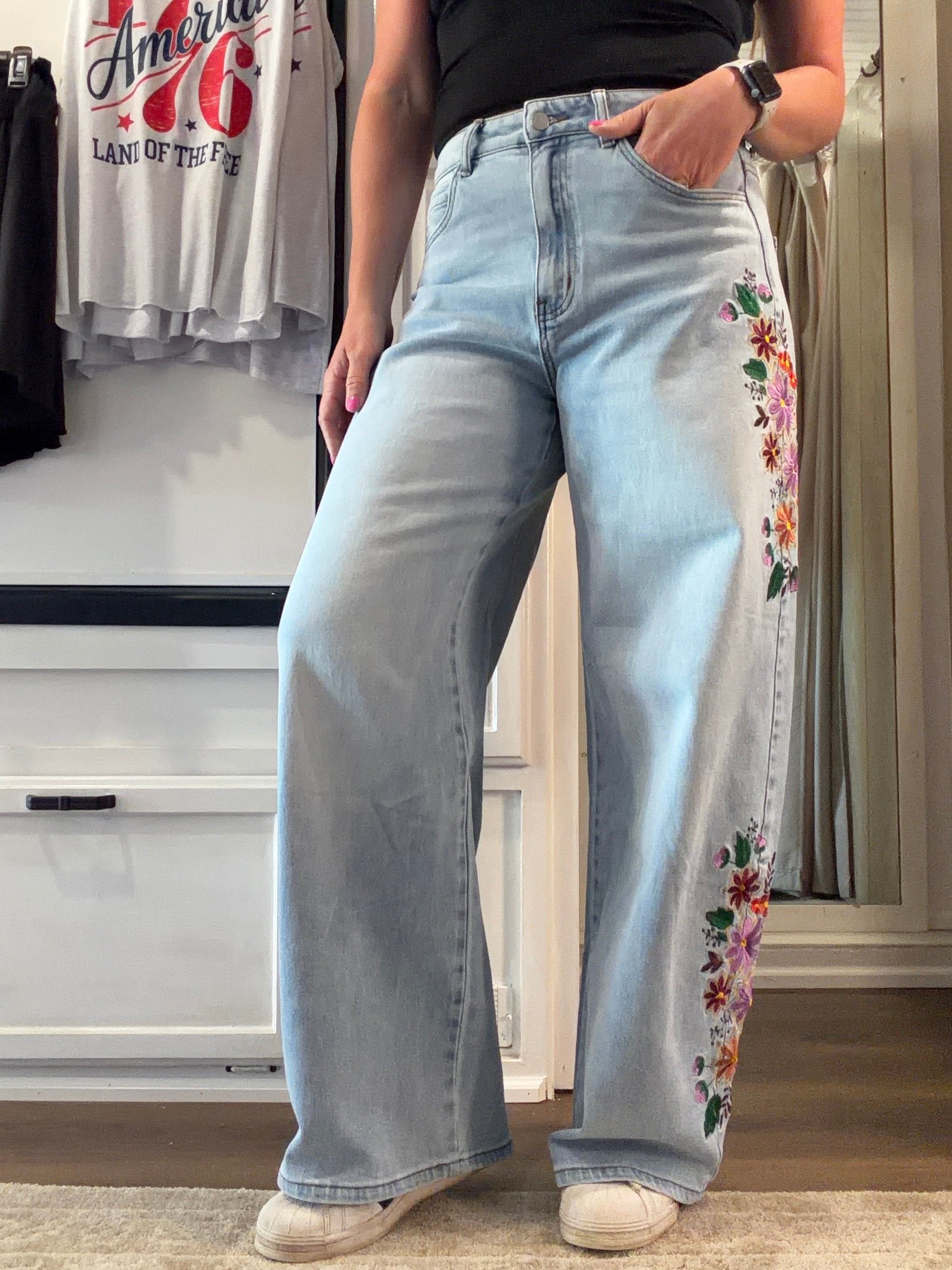 Evie Floral Embroidered Wide Leg Jeans