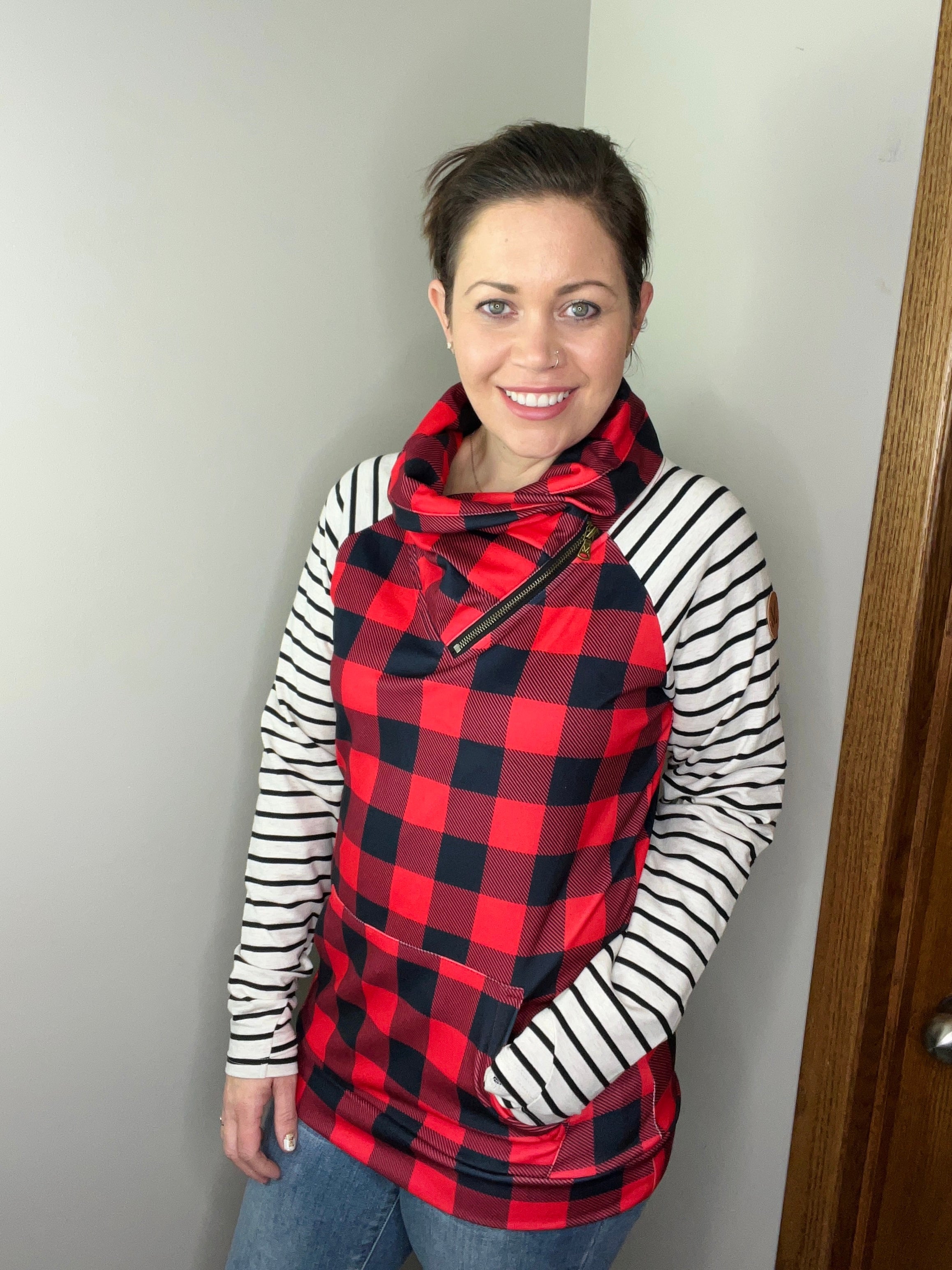 **Zoey ZipCowl - Buffalo Plaid and Oatmeal Stripes