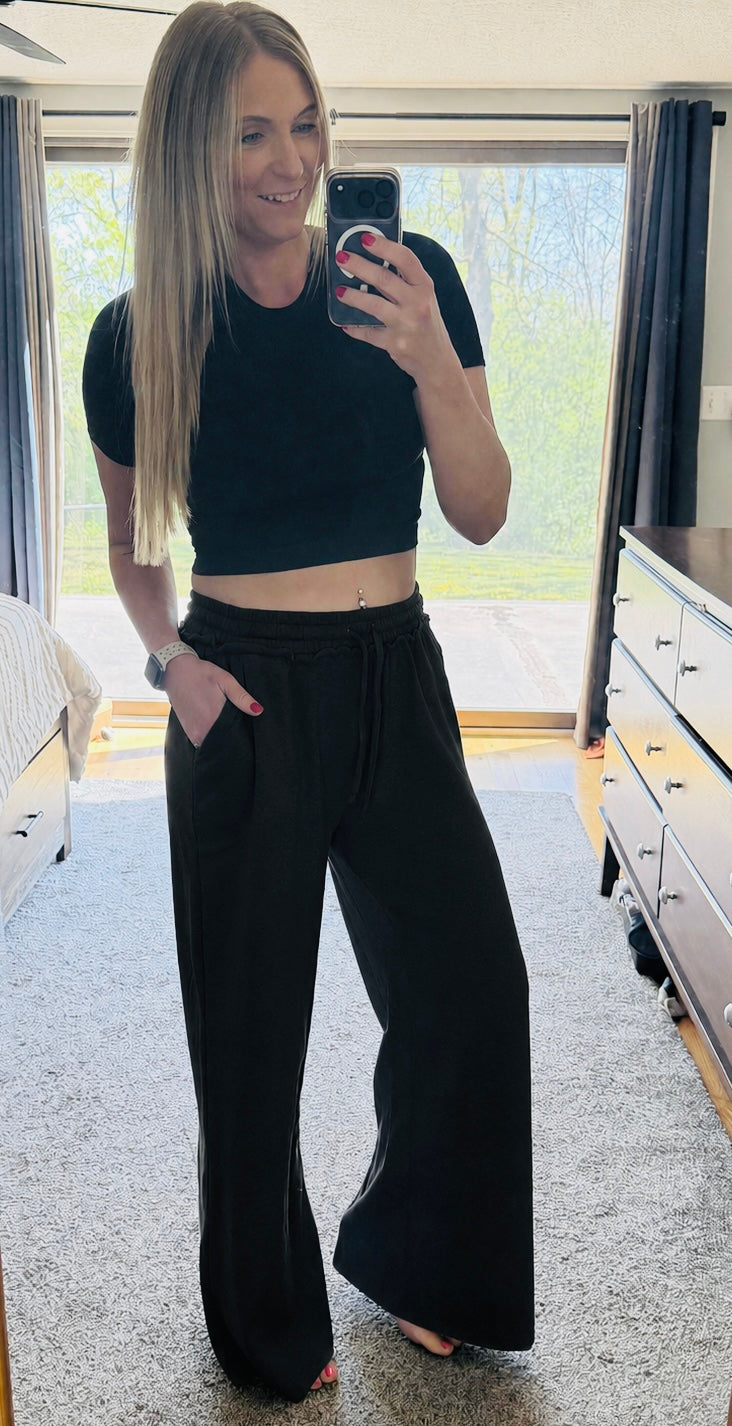 Wide Leg Fleece Sweatpants in Black