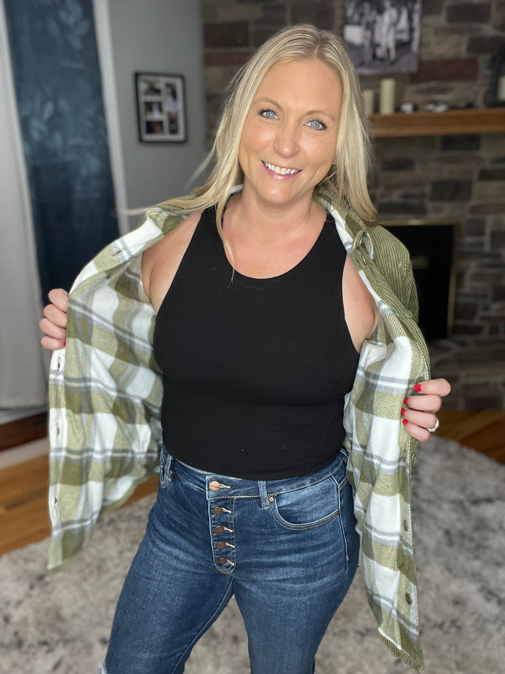 Corduroy & Plaid Flannel Shacket-Olive