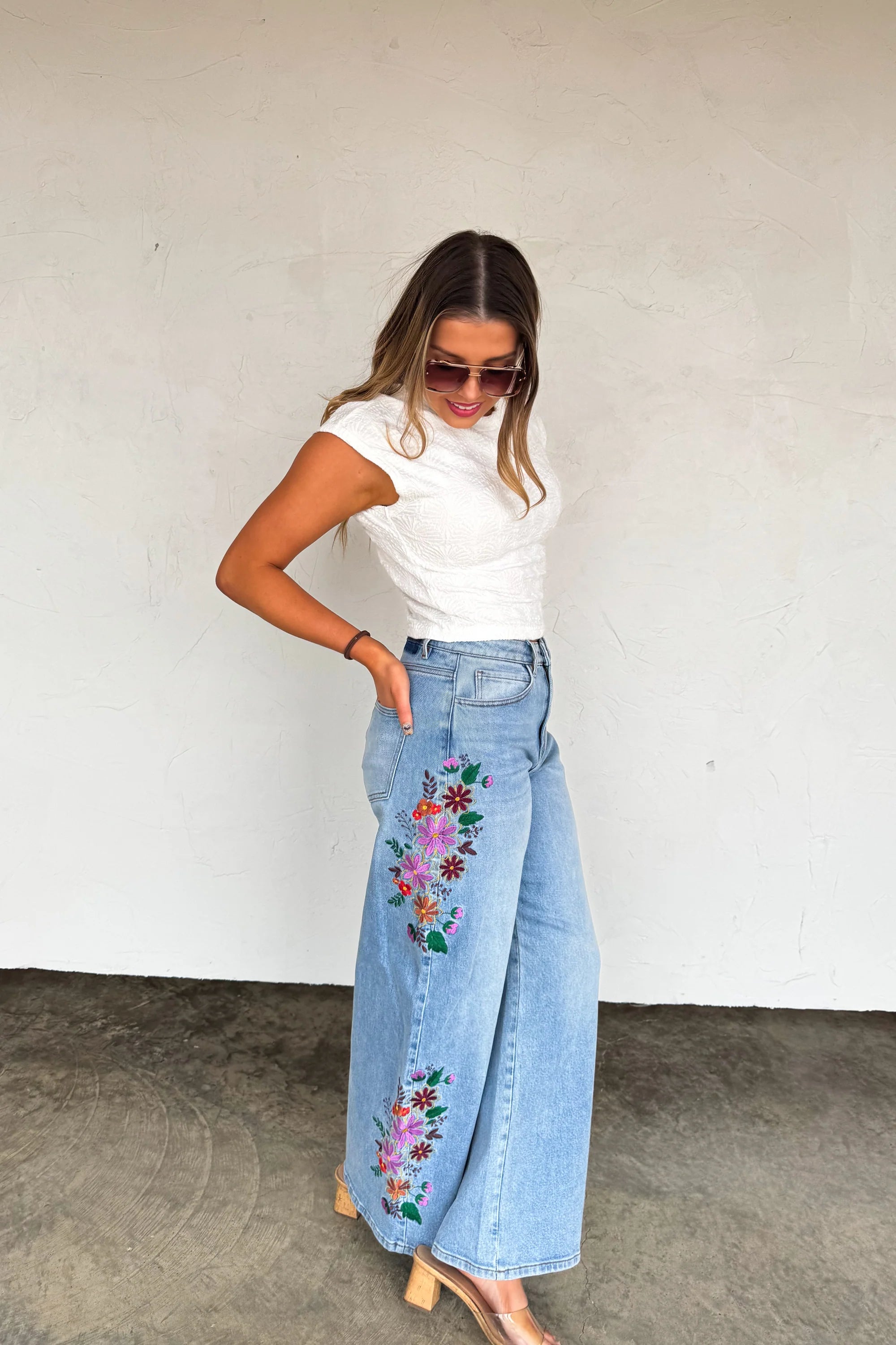 Evie Floral Embroidered Wide Leg Jeans