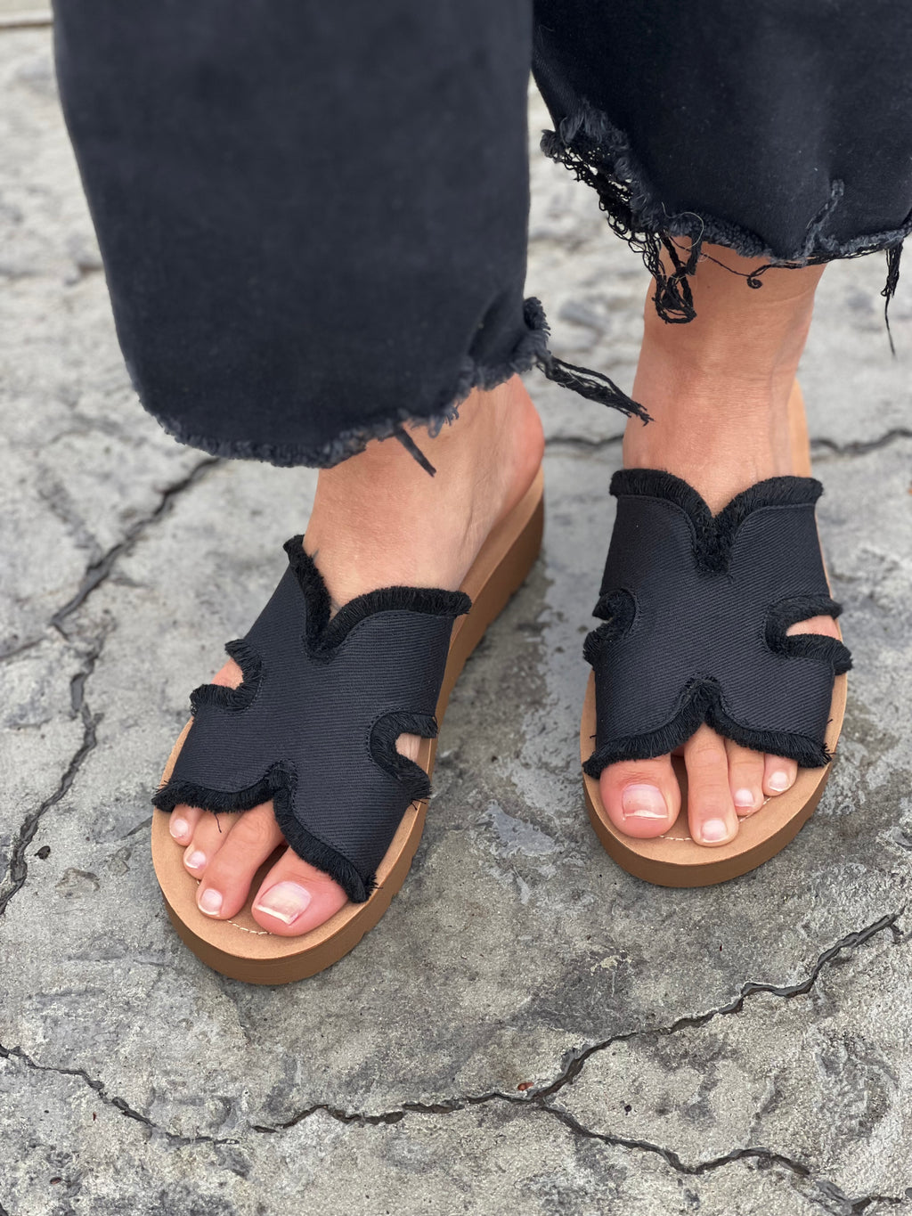 Corkys Hold Please Sandal in Frayed Black FINAL SALE