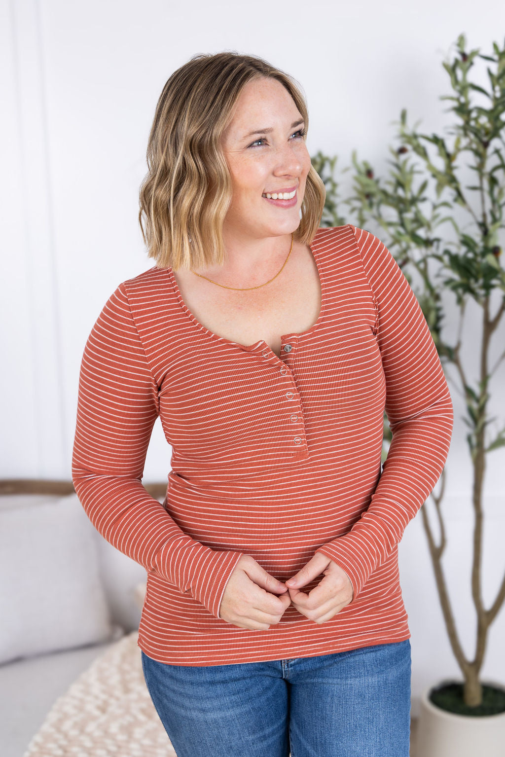 SALE! Striped Henley Long Sleeve - Terra Cotta