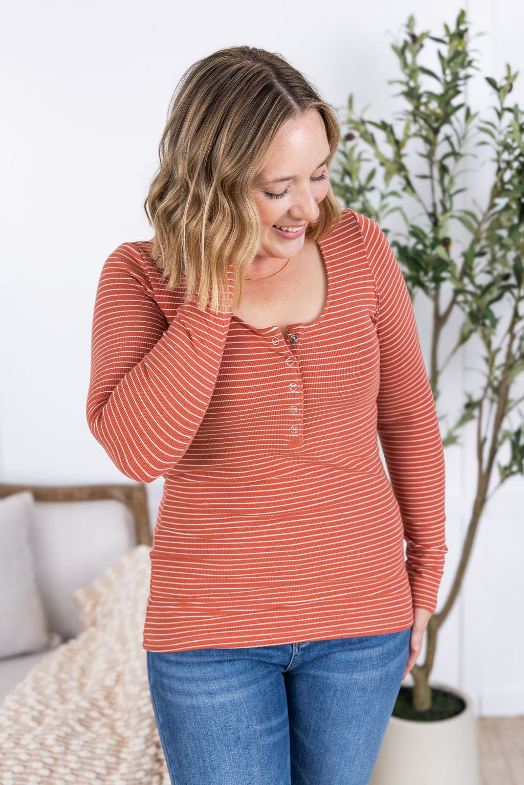 SALE! Striped Henley Long Sleeve - Terra Cotta