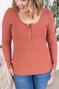 SALE! Striped Henley Long Sleeve - Terra Cotta