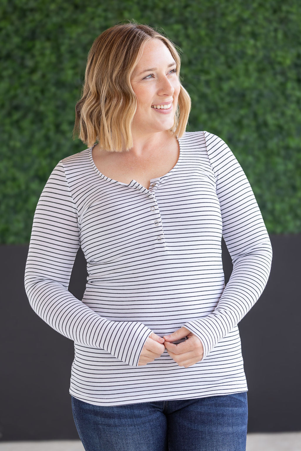 SALE! Striped Henley Long Sleeve - White