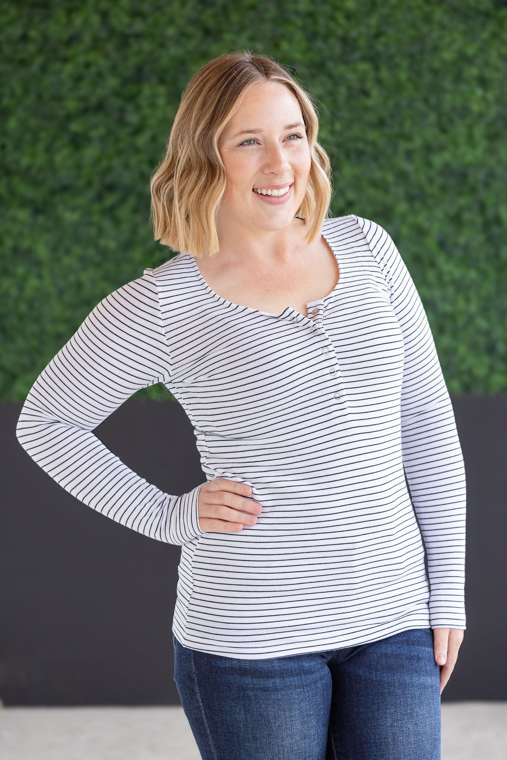 SALE! Striped Henley Long Sleeve - White