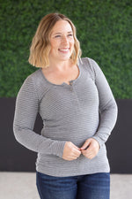 Load image into Gallery viewer, Striped Henley Long Sleeve - Charcoal
