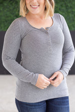 Load image into Gallery viewer, Striped Henley Long Sleeve - Charcoal
