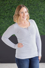 Load image into Gallery viewer, Striped Henley Long Sleeve - White
