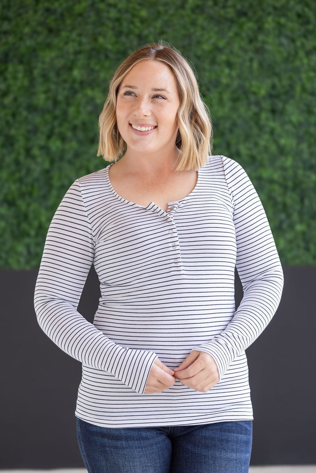 SALE! Striped Henley Long Sleeve - White