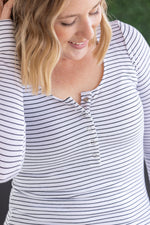 Load image into Gallery viewer, Striped Henley Long Sleeve - White
