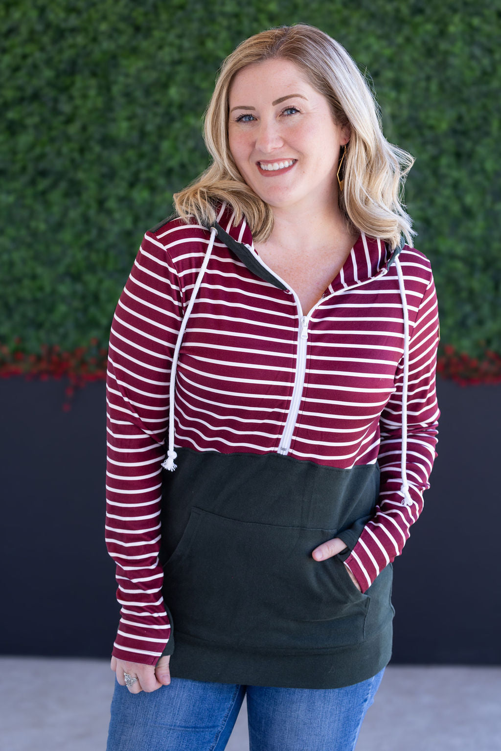 Soft Classic HalfZip Hoodie - Evergreen and Burgundy Stripes