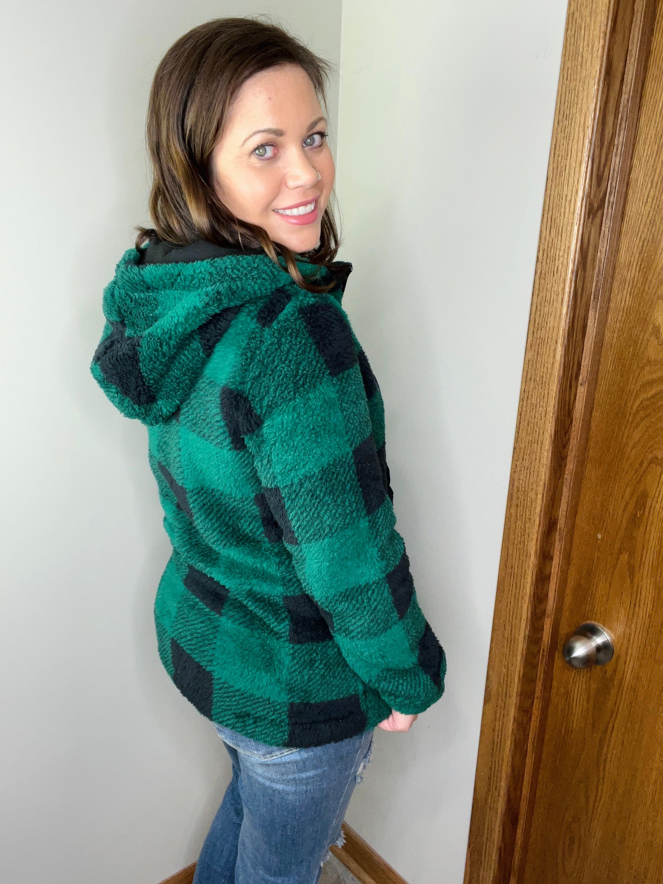 **Sherpa Full Zip Hoodie - Green Plaid FINAL SALE