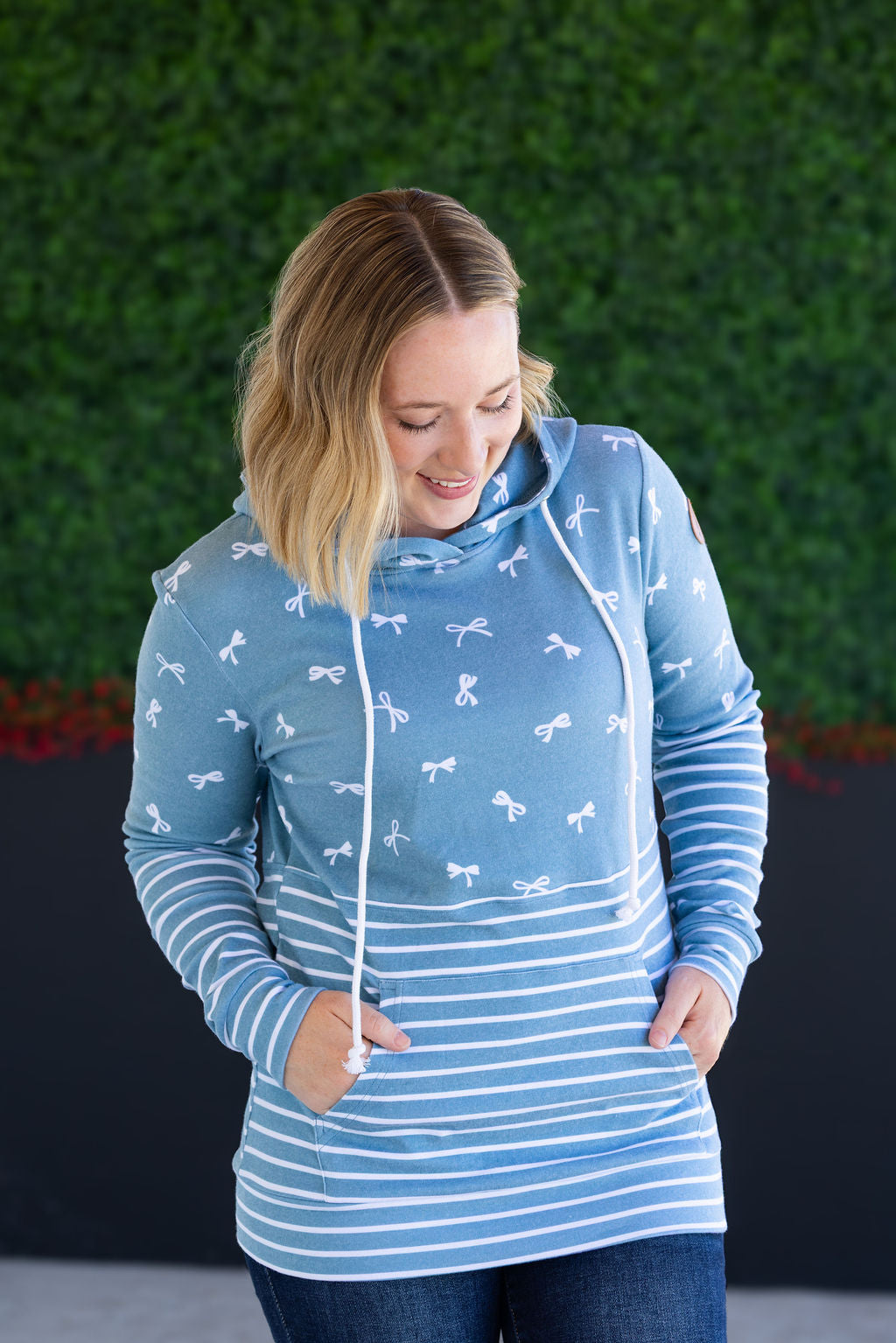 SALE! Hailey Pullover Hoodie - Teal Ribbons and Stripes