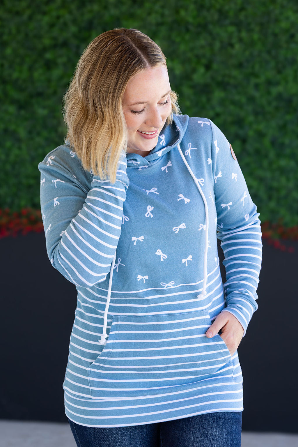 SALE! Hailey Pullover Hoodie - Teal Ribbons and Stripes