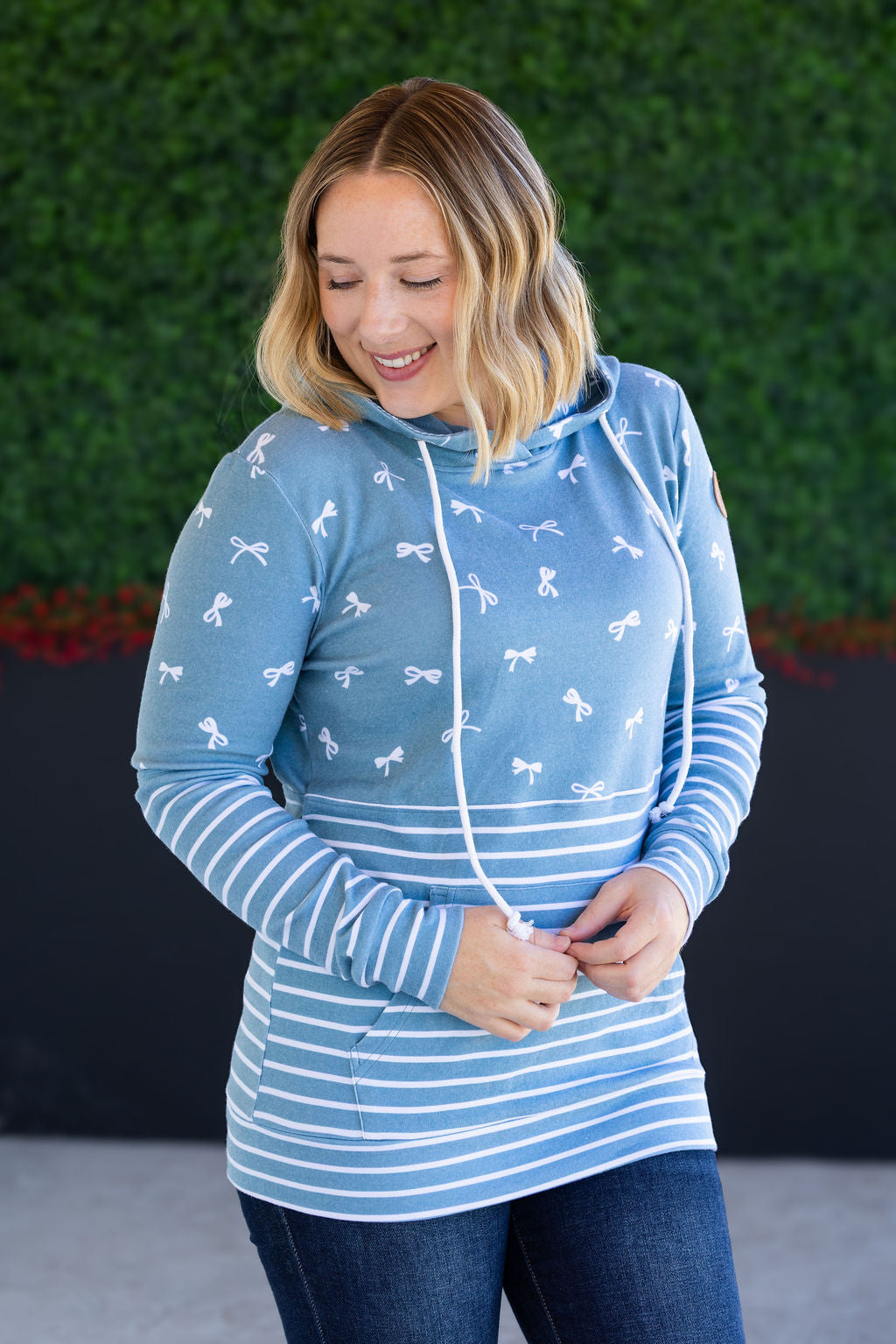 SALE! Hailey Pullover Hoodie - Teal Ribbons and Stripes