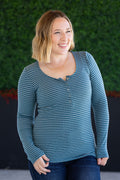 SALE! Striped Henley Long Sleeve - Dusty Teal