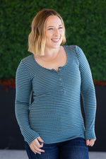 Load image into Gallery viewer, Striped Henley Long Sleeve - Dusty Teal
